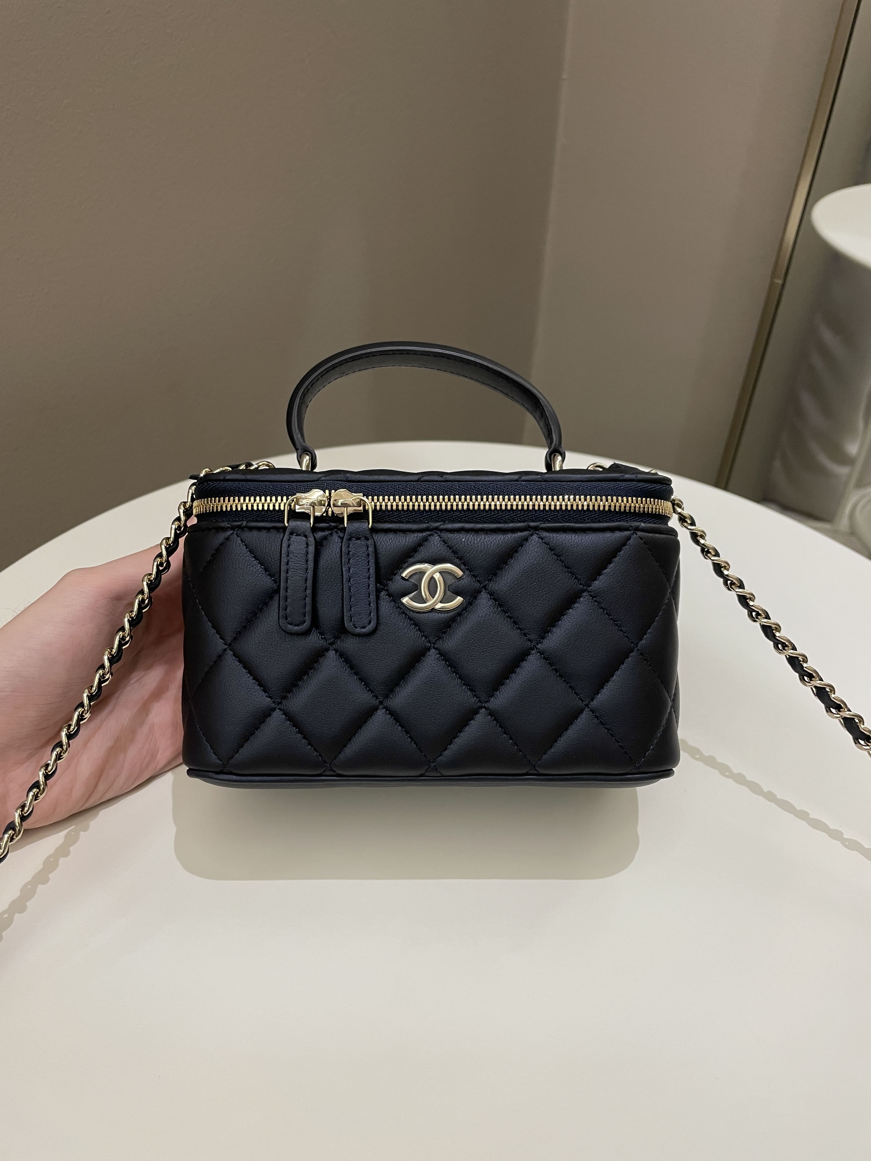 Chanel Black Quilted Lambskin Top Handle Vanity Handbag