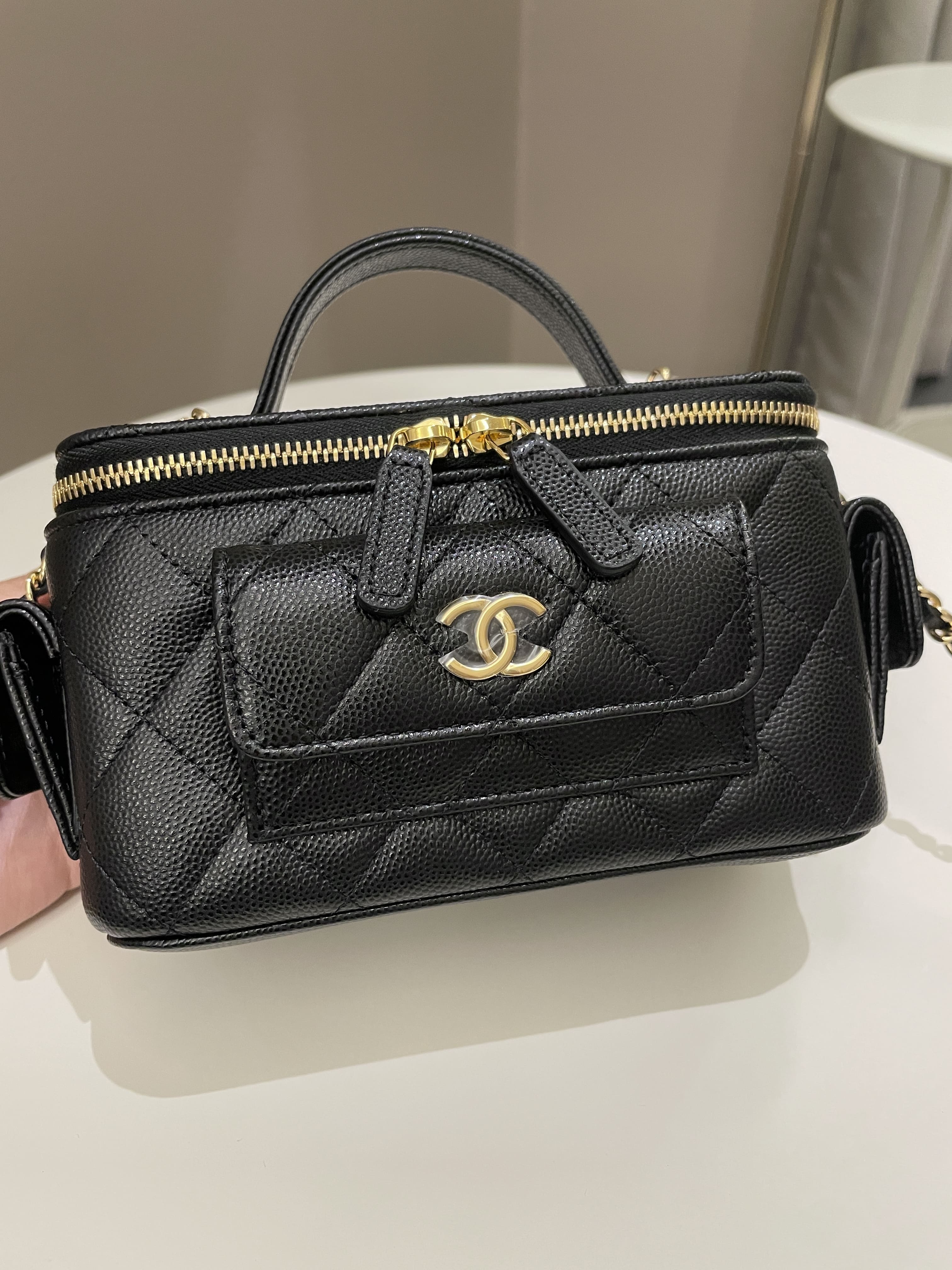 Chanel Chanel Black Calfskin Leather Multi Compartment & Pocket Tote