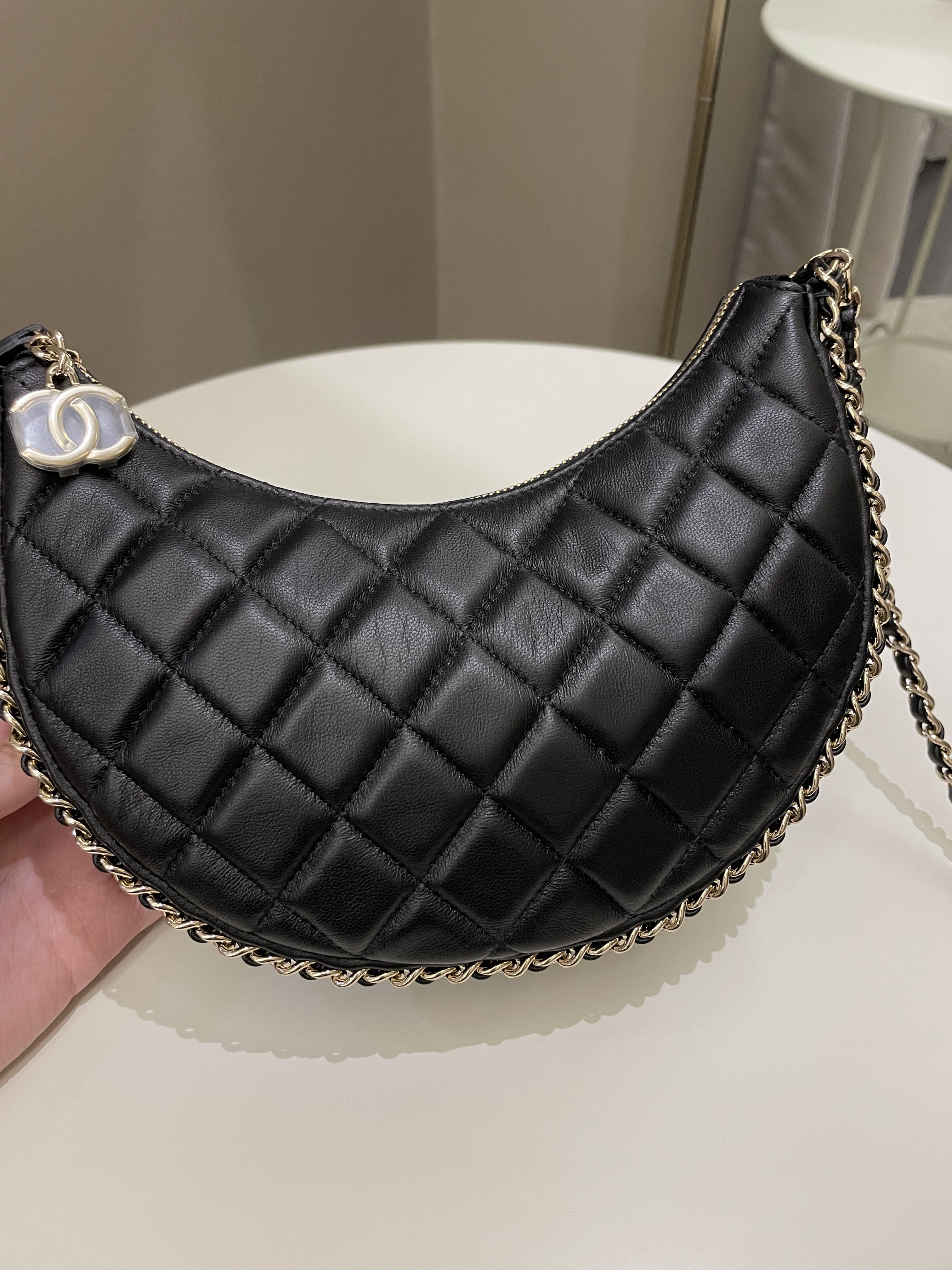 Chanel Calfskin Quilted Chain Small Hobo Bag Black