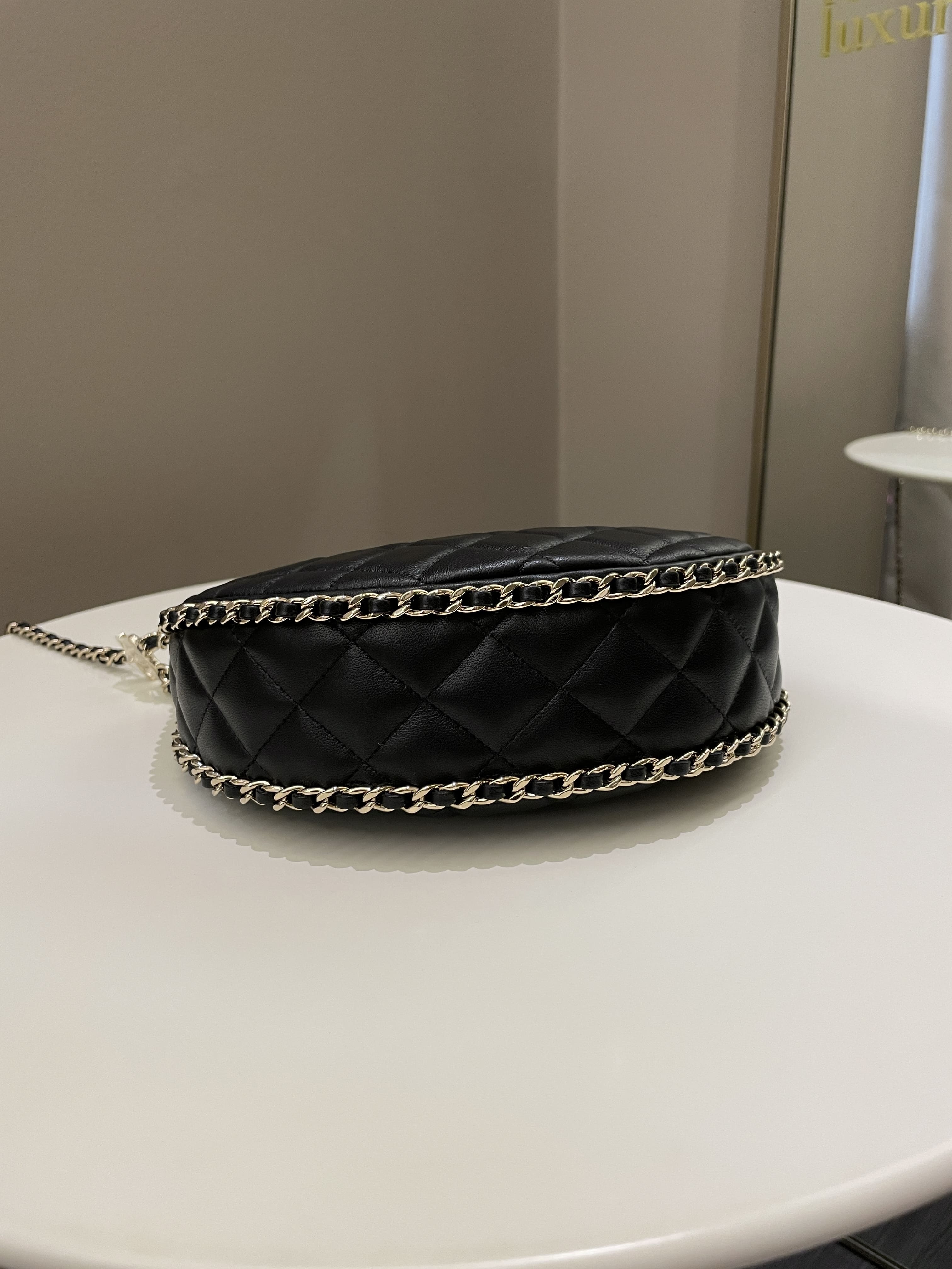 Chanel 23P Quilted Chain Around Hobo Bag Black Lambskin