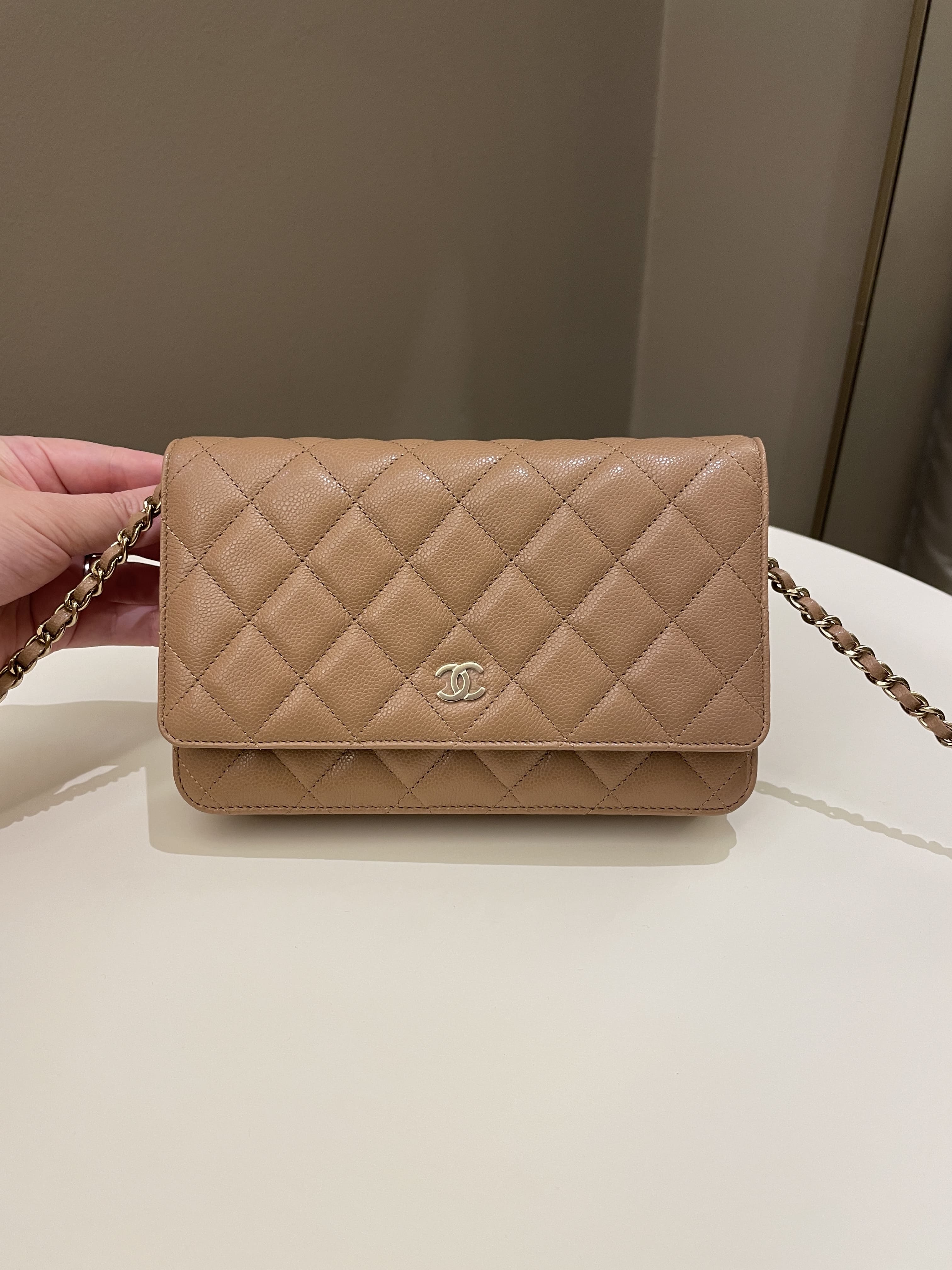 BRAND NEW CHANEL Beige GHW Caviar Wallet on Chain WOC with Receipt
