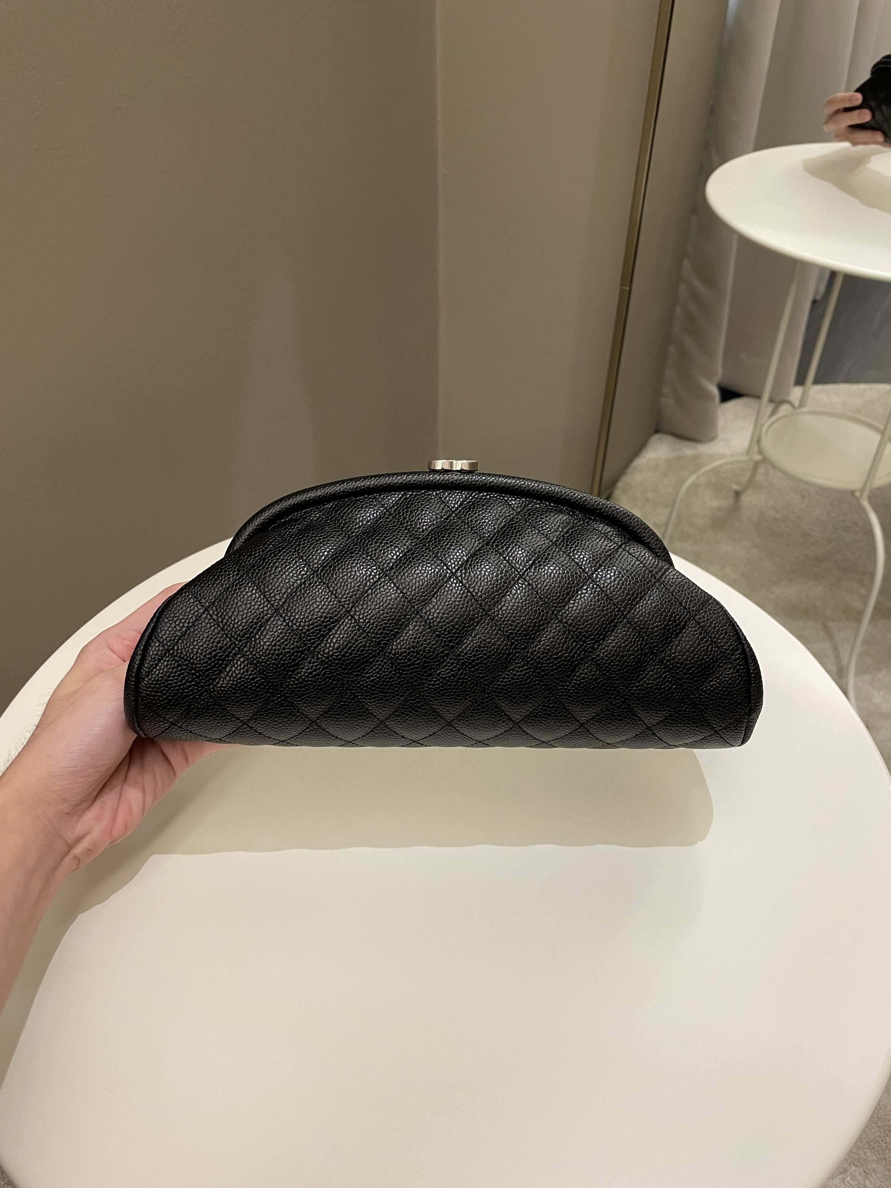 Chanel Quilted Kiss Lock Moon Clutch Black Caviar