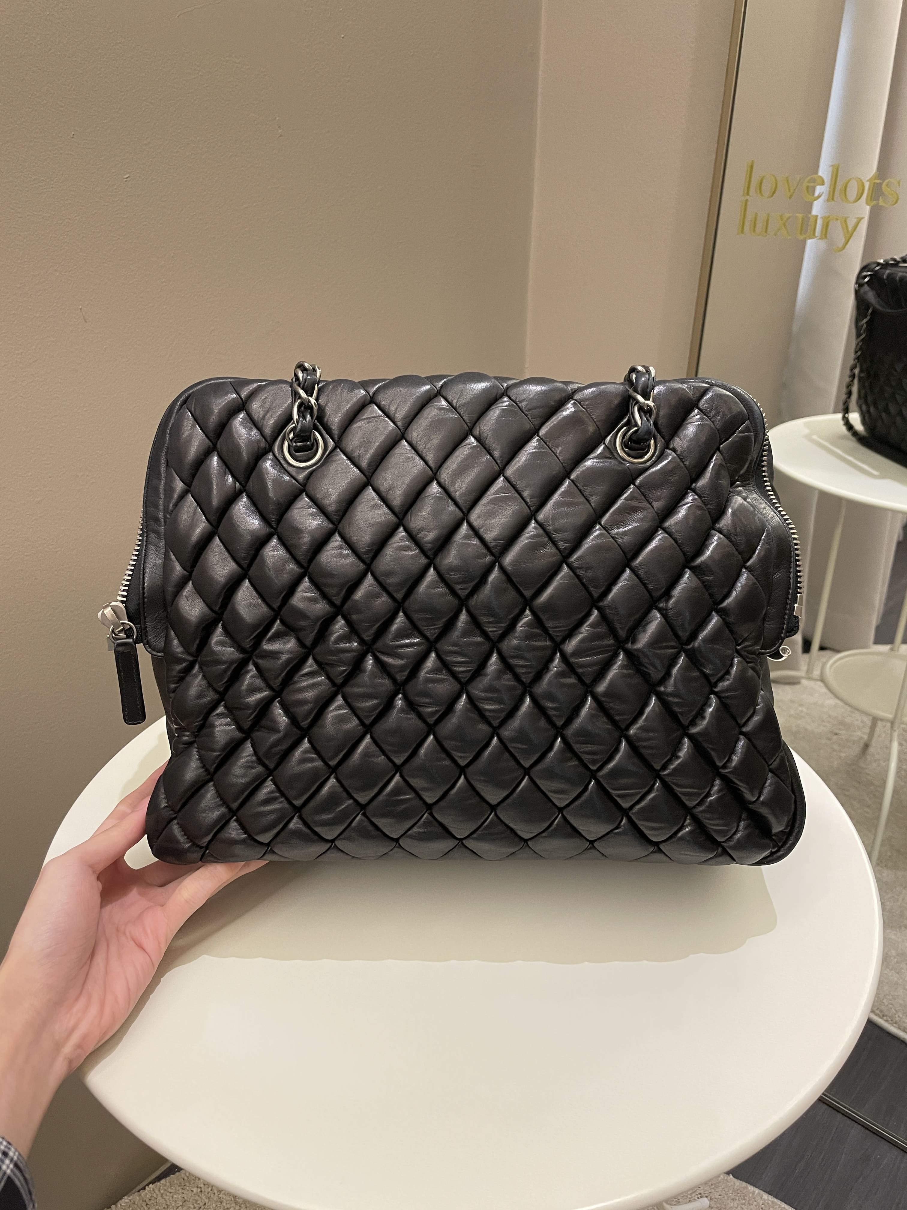Chanel Dual Zip Quilted Bowling Bag Black Lambskin