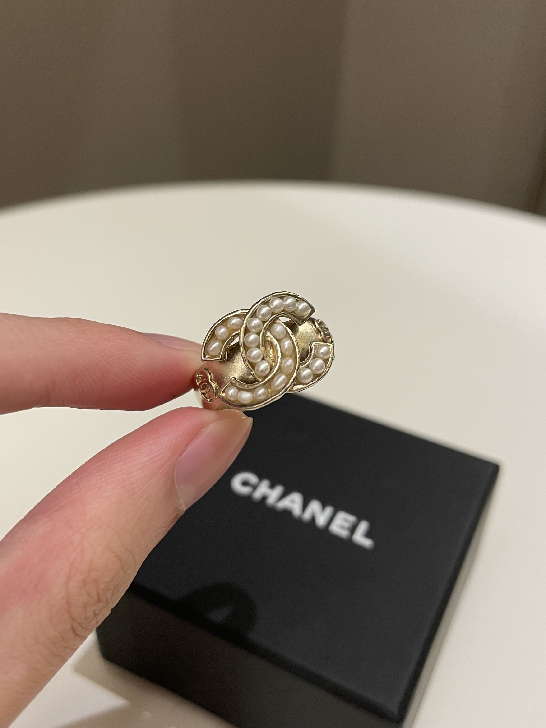 Chanel CC Pale Gold Tone Crystal and Faux Pearl Embedded Ring Size EU 51  Chanel  TLC