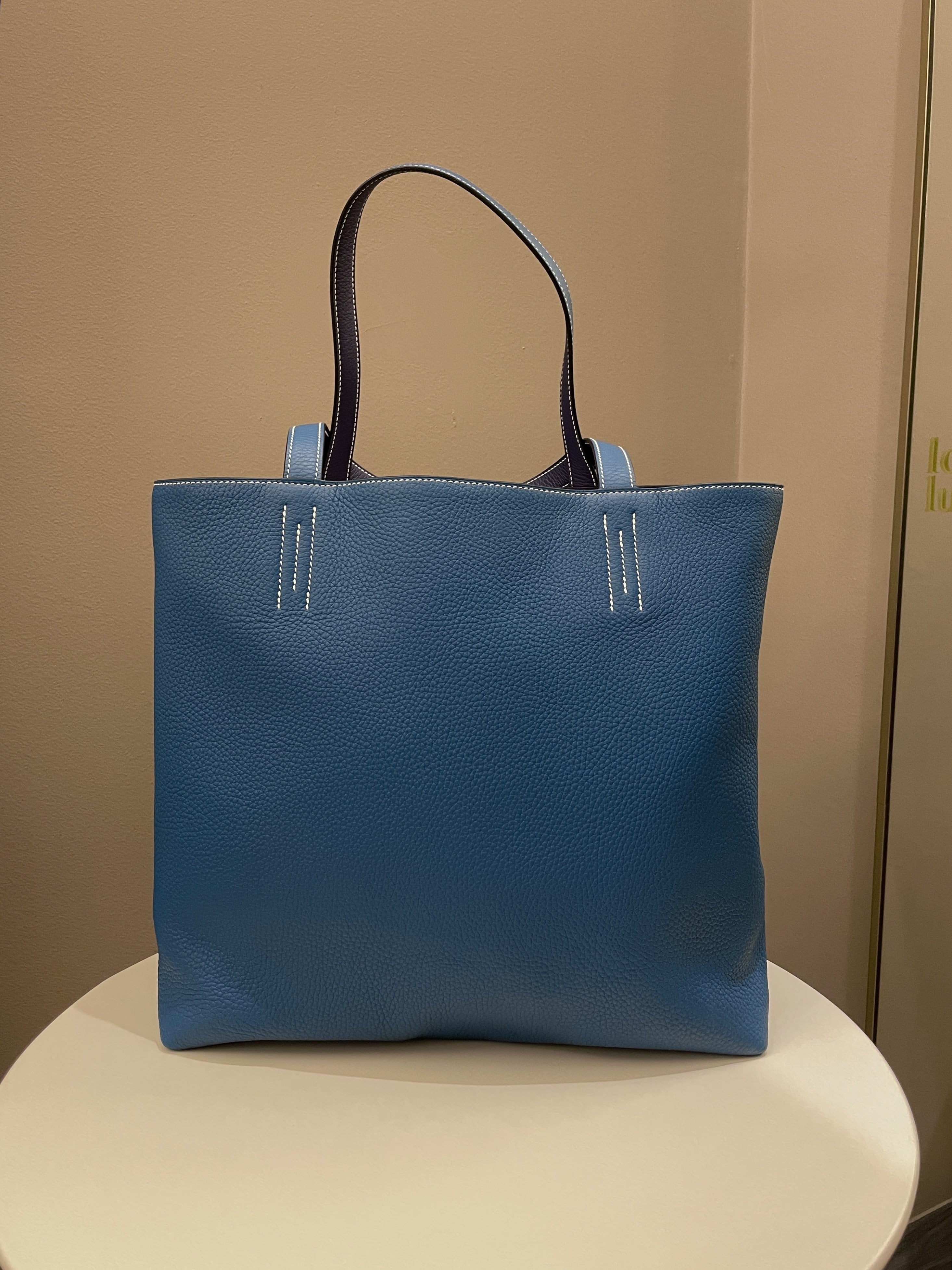 Hermes Double Sens Clemence 45 Blue Leather Tote Shopper Bag