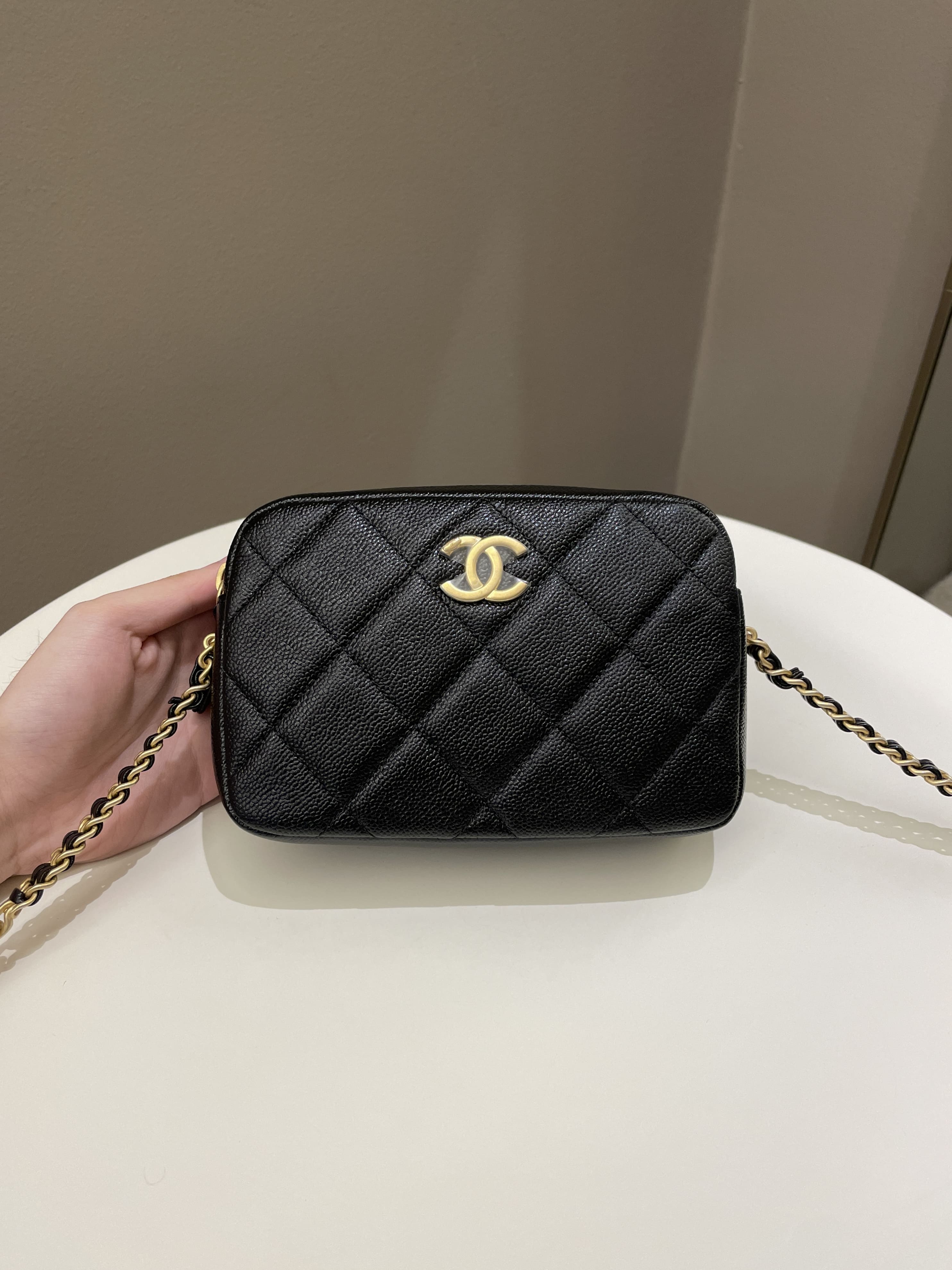 Chanel 22P Quilted Camera Sling Bag Black Caviar