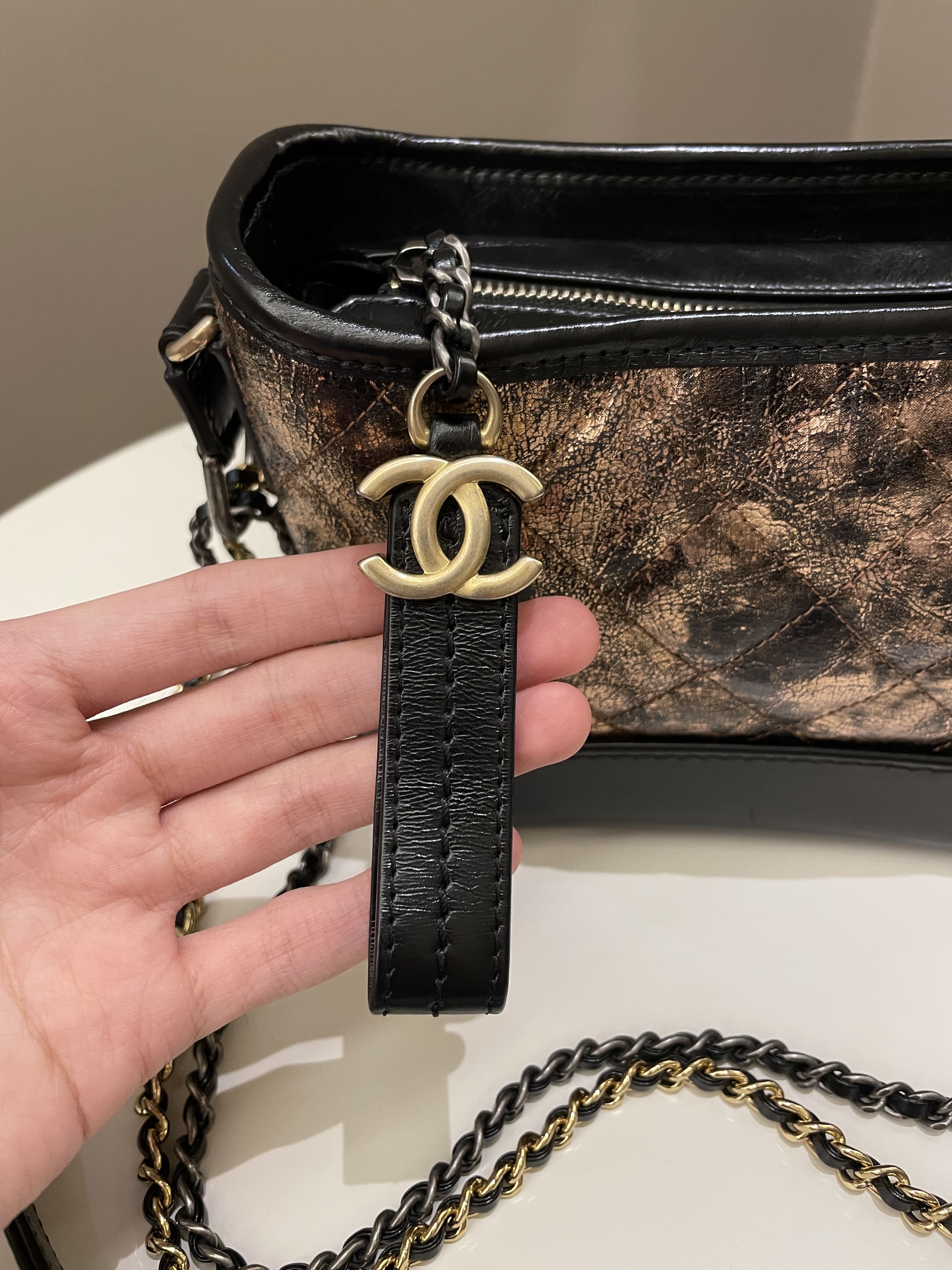 Chanel Gabrielle Hobo Quilted Metallic Crumpled Goatskin Medium Black, Gold