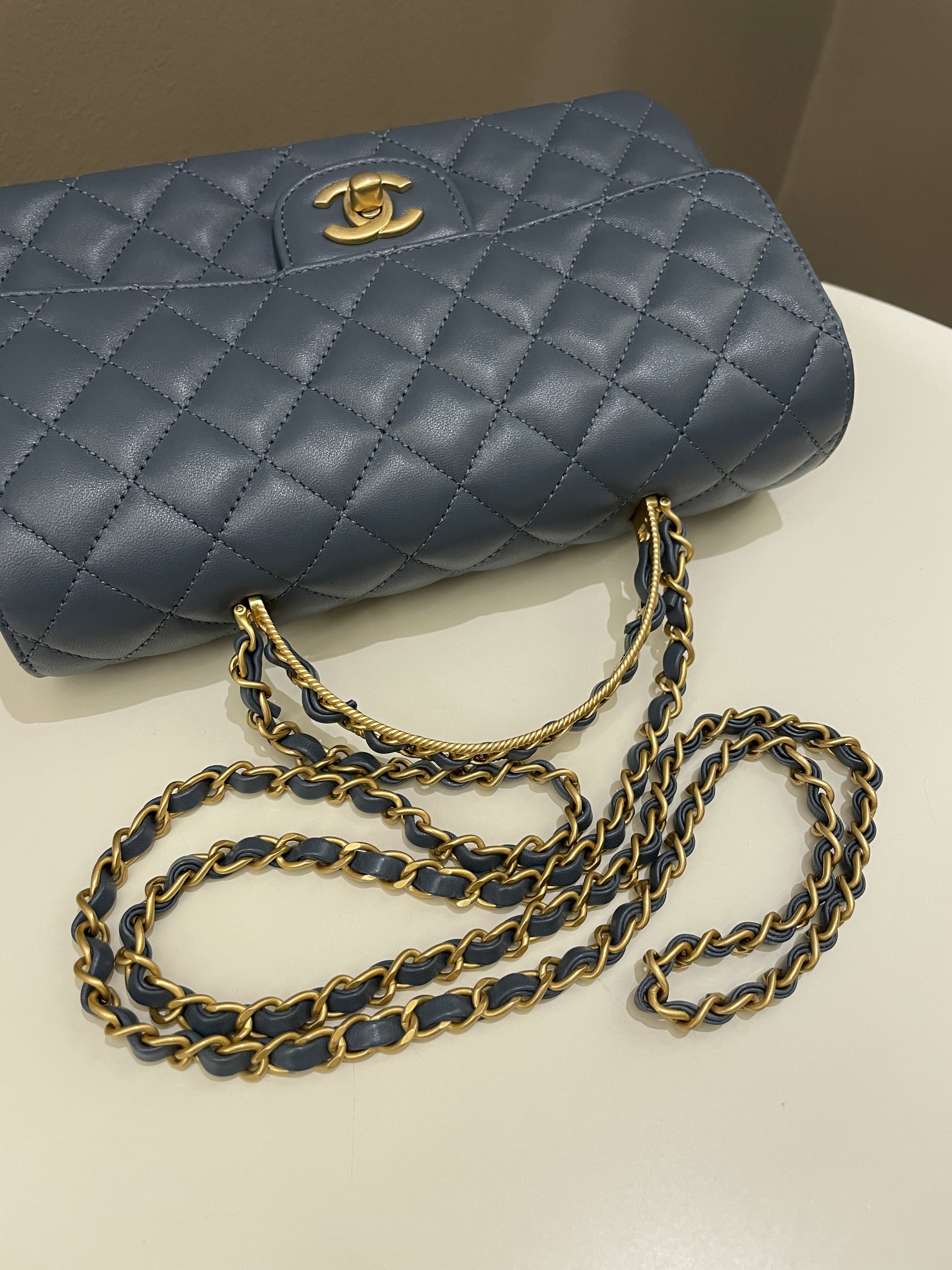 Chanel Quilted Top Handle Flap Chain Ash Blue Stiff Lambskin