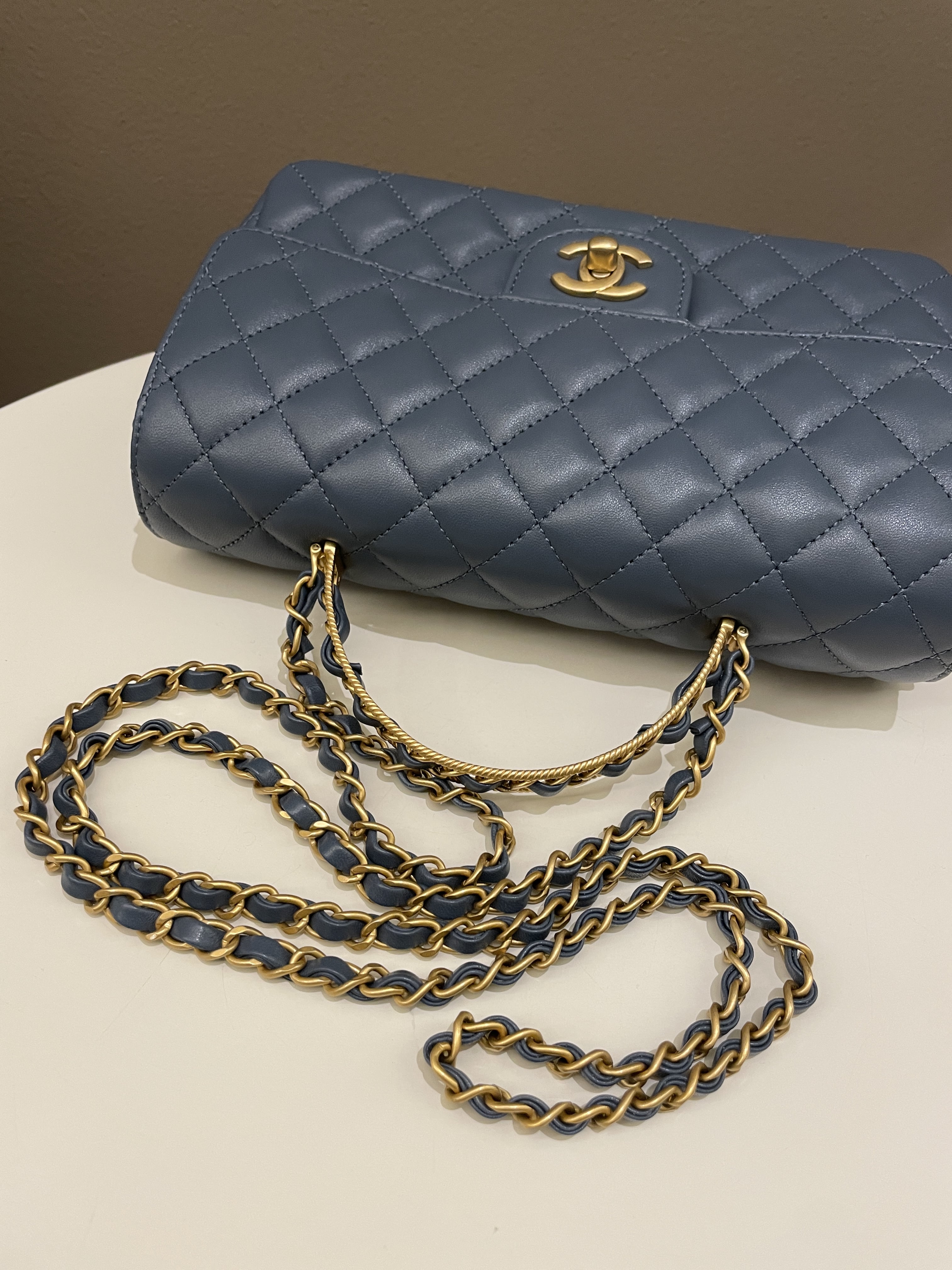 Chanel Quilted Top Handle Flap Chain Ash Blue Stiff Lambskin