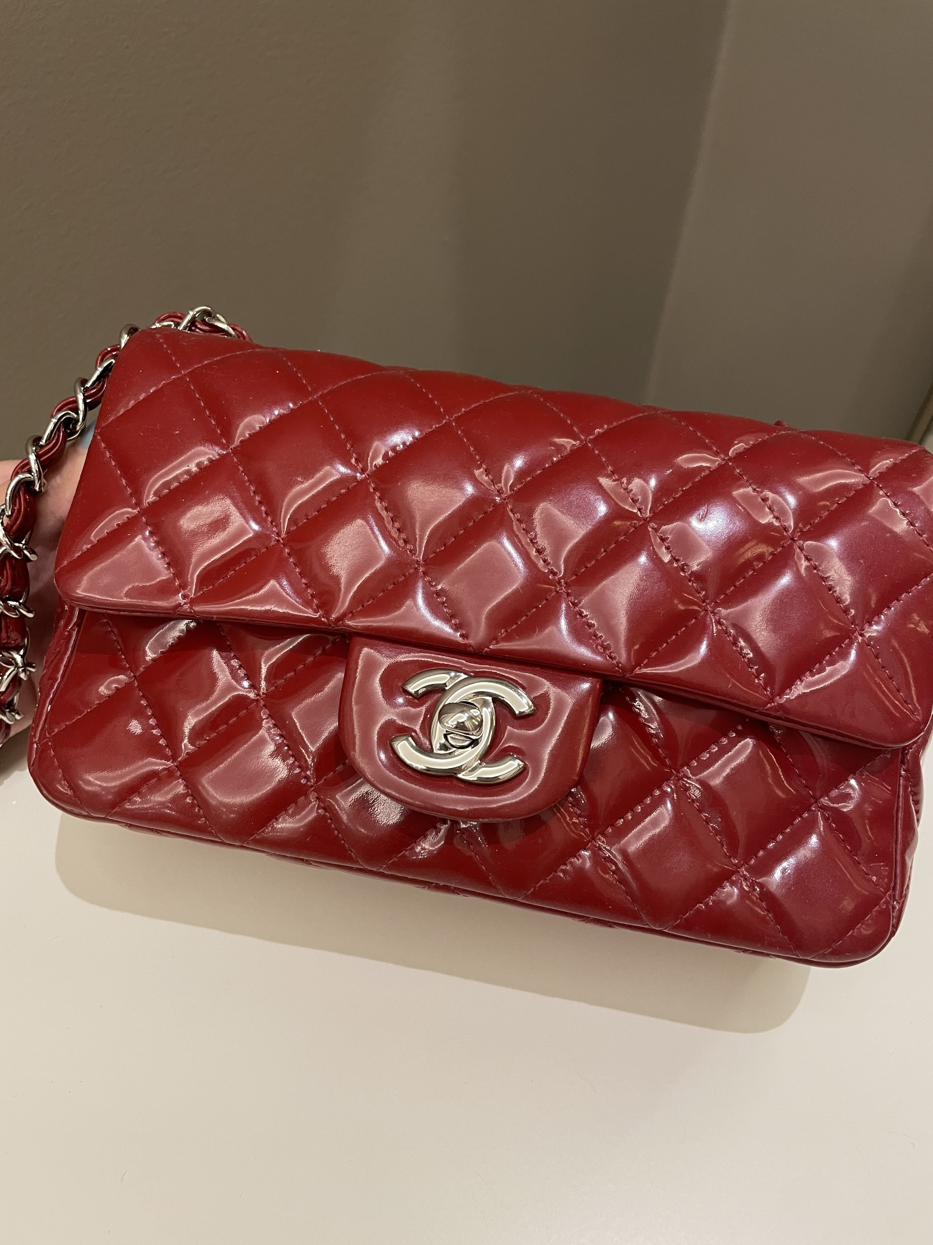 Chanel Red Quilted Patent Mini Rectangular Classic Single Flap Bag