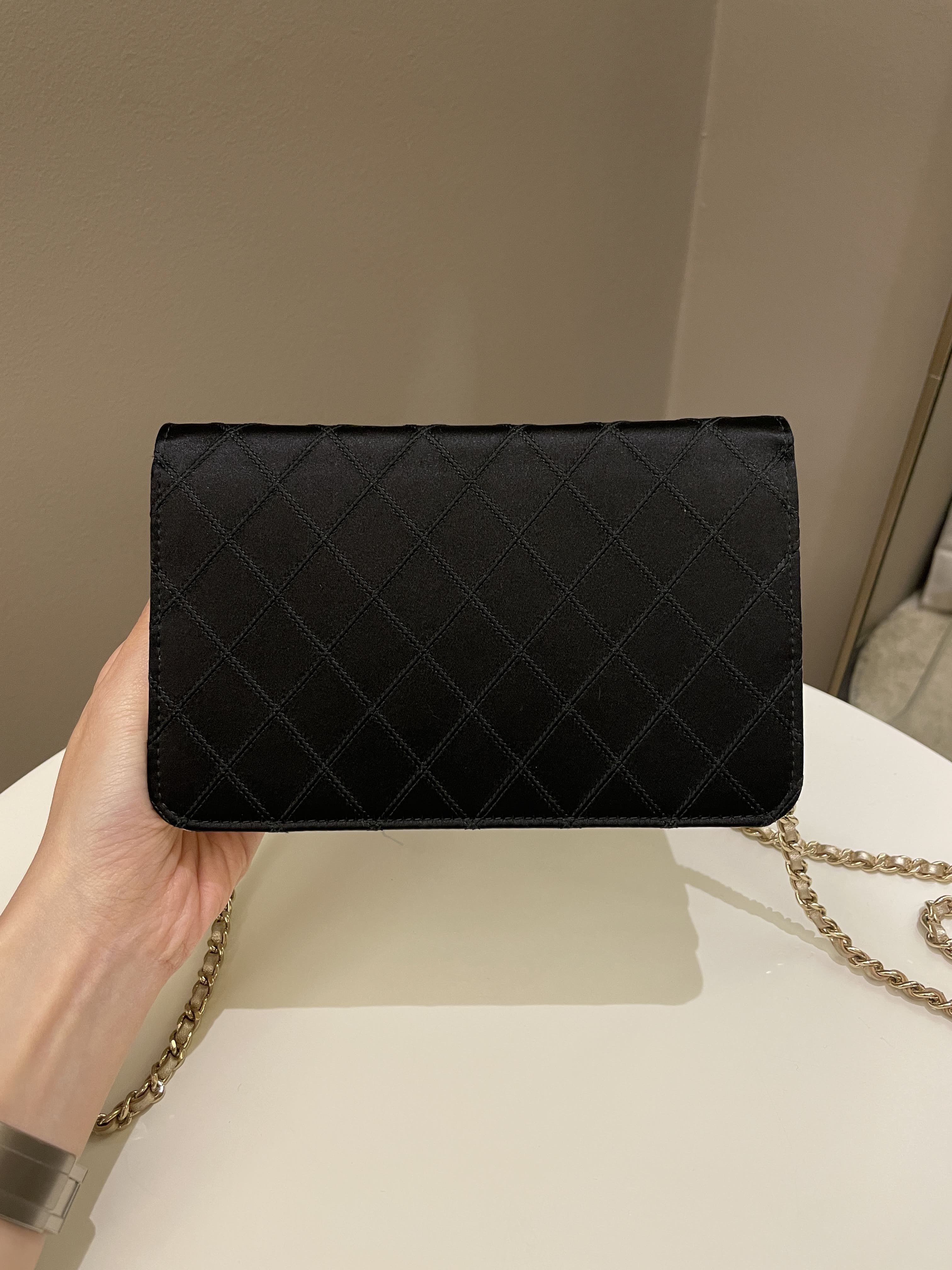 Chanel Quilted Wallet On Chain Black Satin / Gold Lambskin