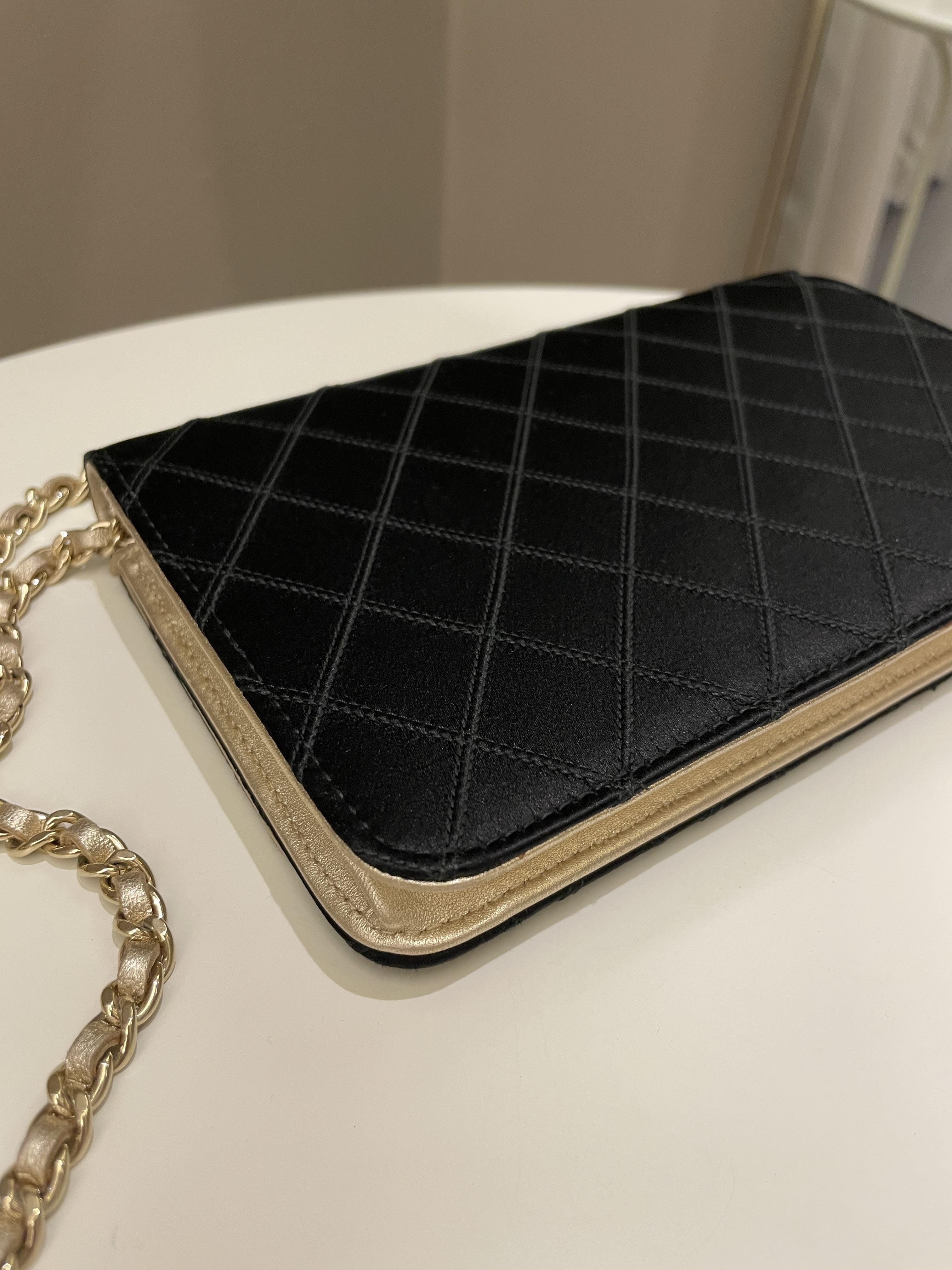Chanel Quilted Wallet On Chain Black Satin / Gold Lambskin