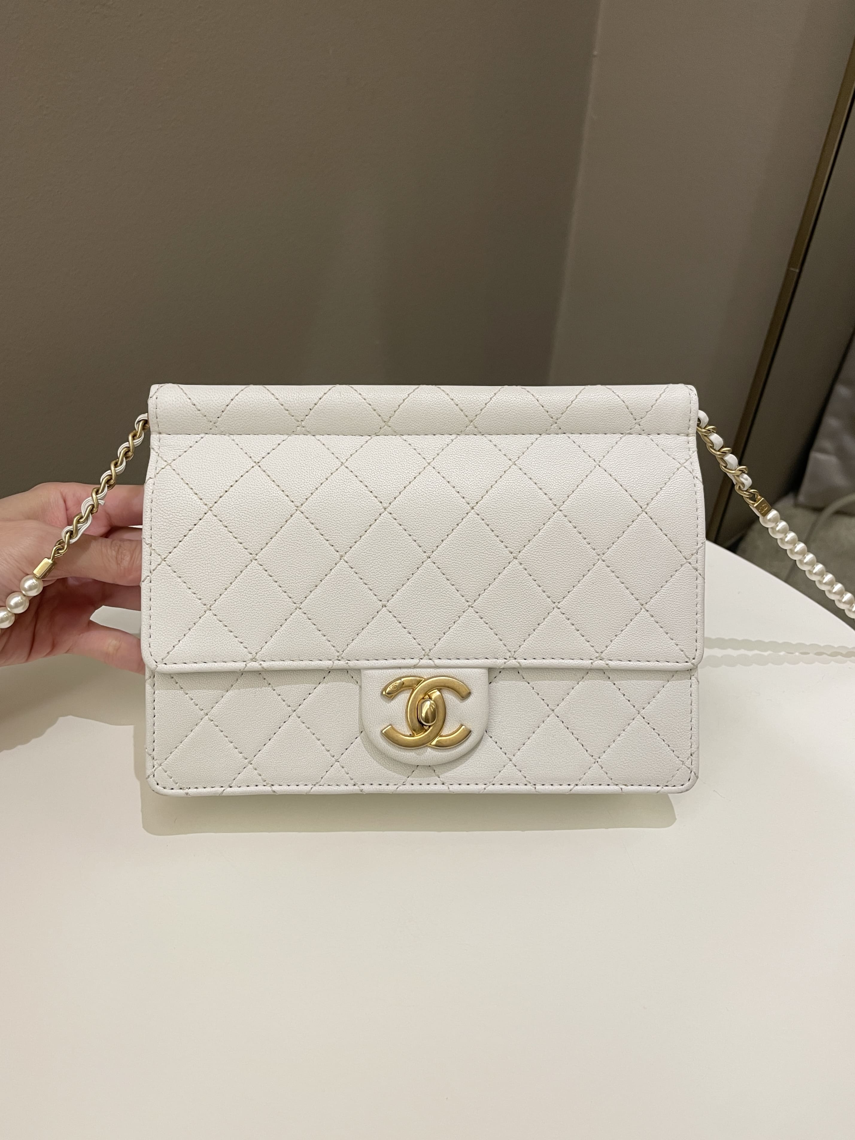 Chanel Pearl Logo Strap Flap Bag White