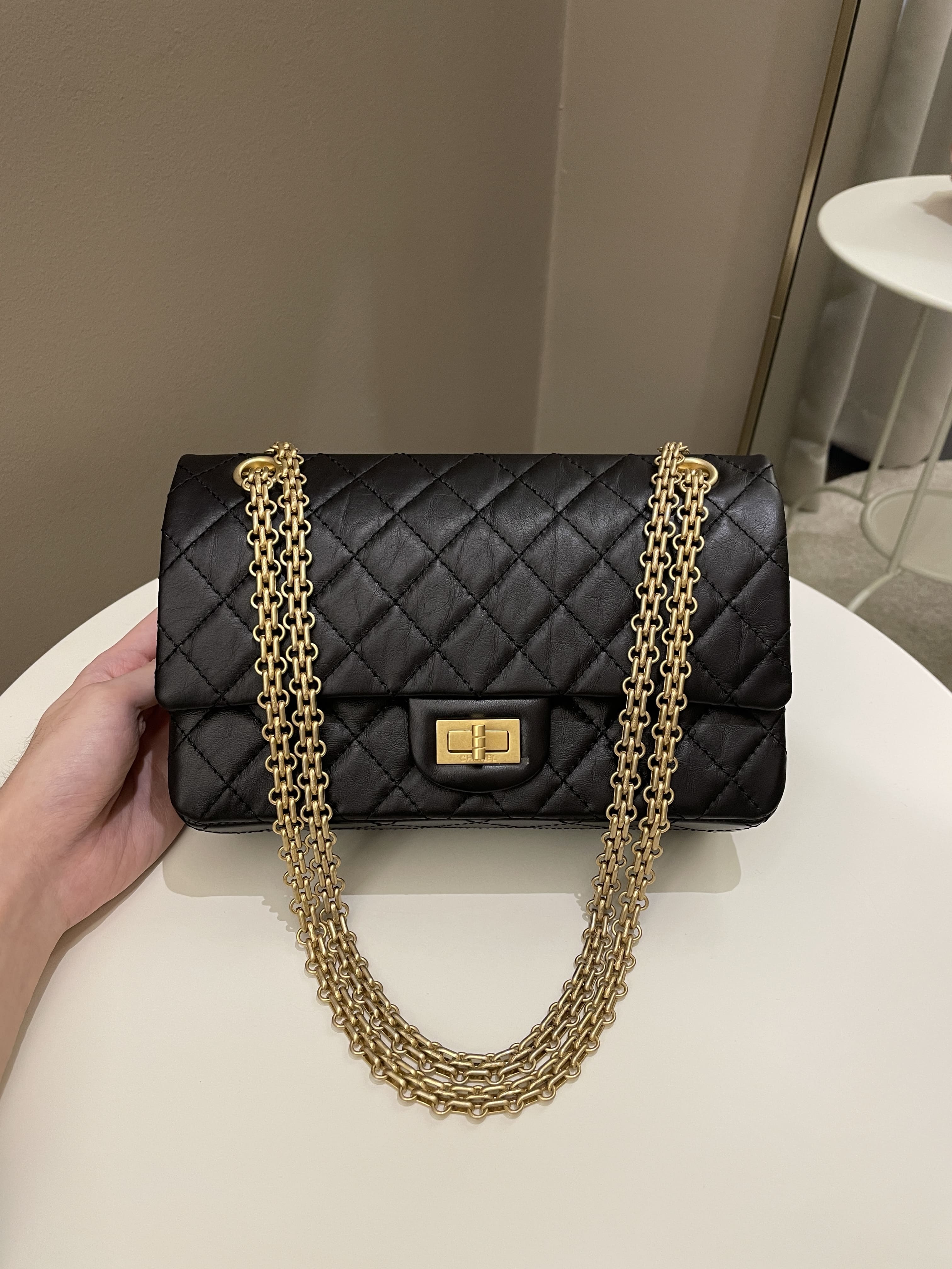 Chanel 2.55 Black Aged Calfskin Leather Double Flap Chain Bag