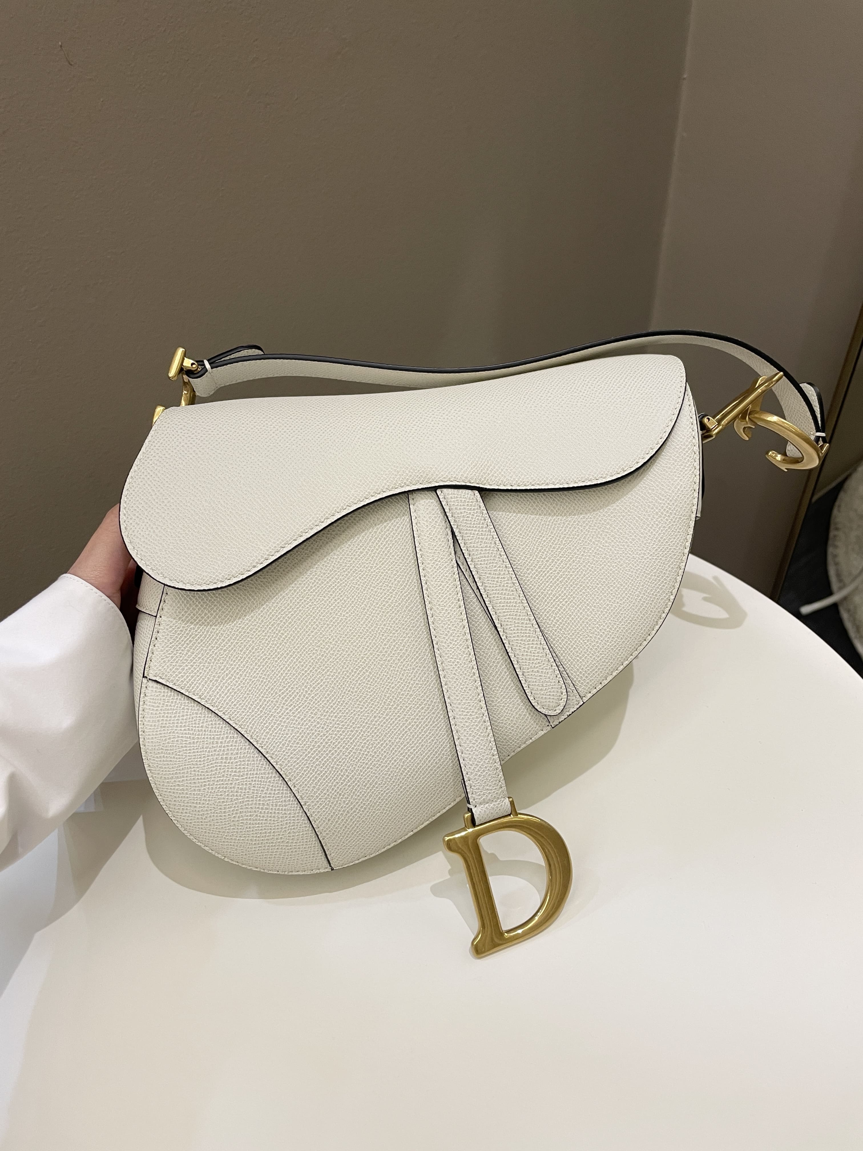 CHRISTIAN DIOR Grained Calfskin Saddle Chain Pouch Off White