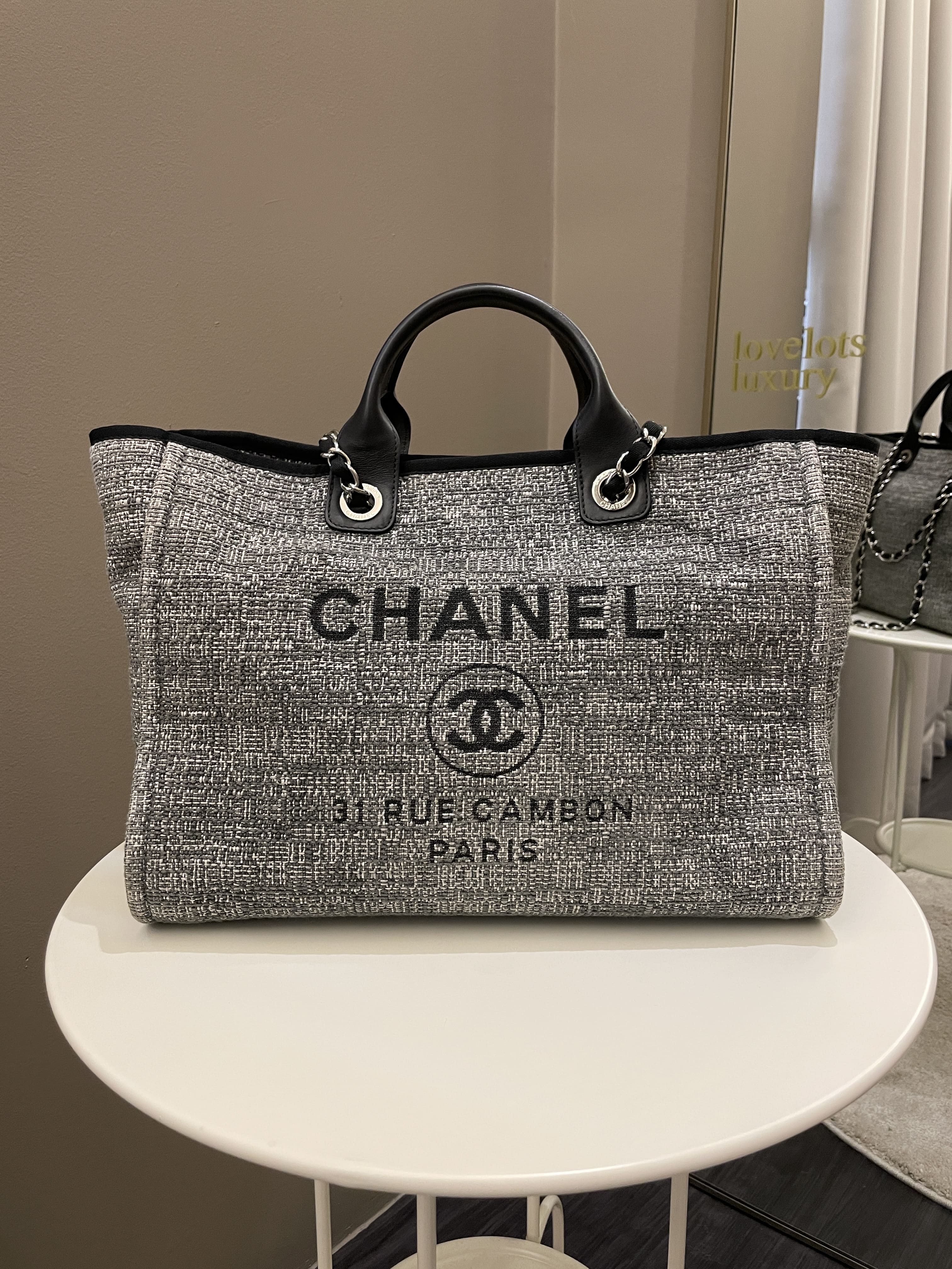 chanel grey canvas bag
