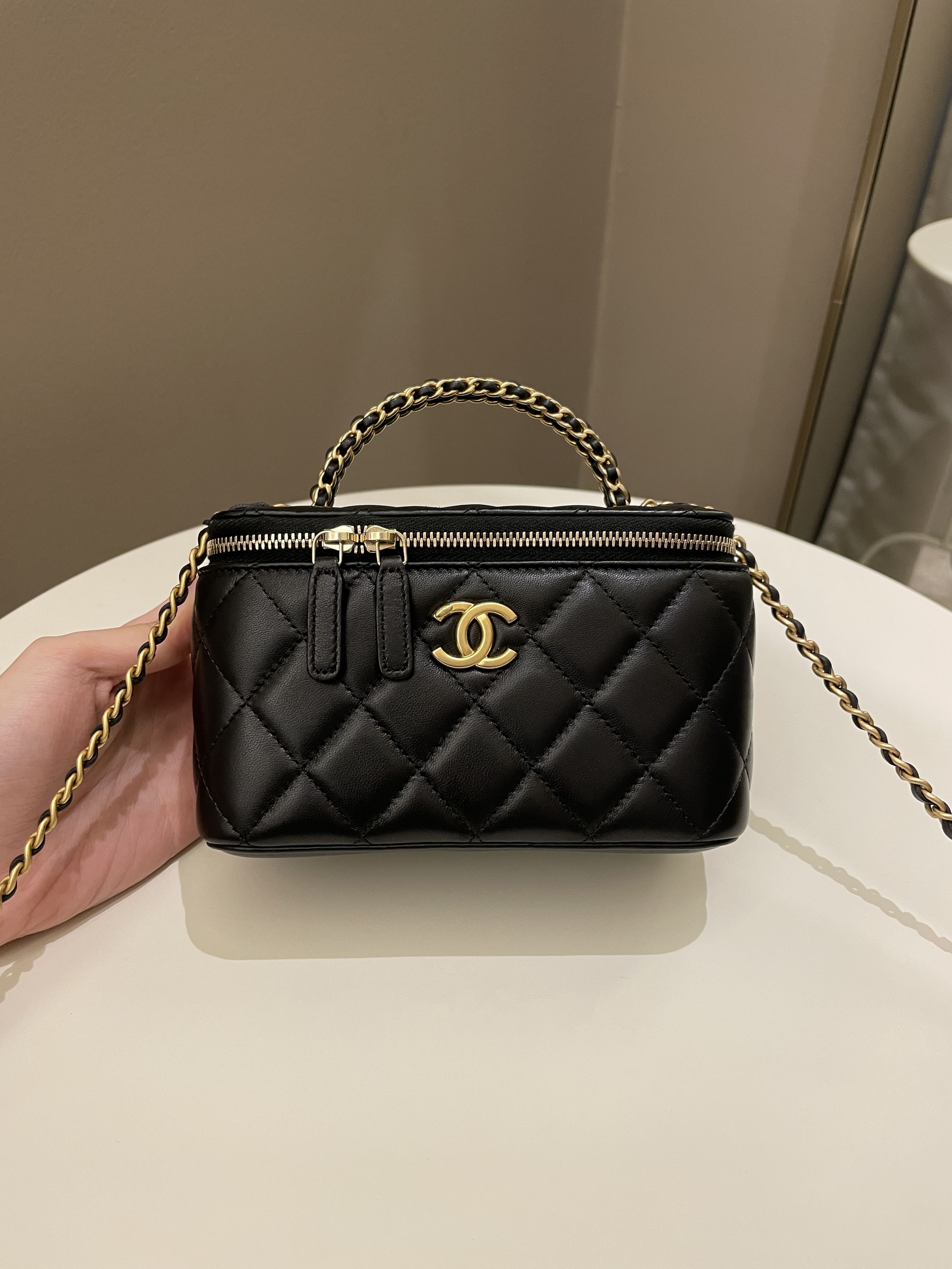 CHANEL Lambskin Quilted Mini Pearl Crush Vanity Case With Chain Black  930863