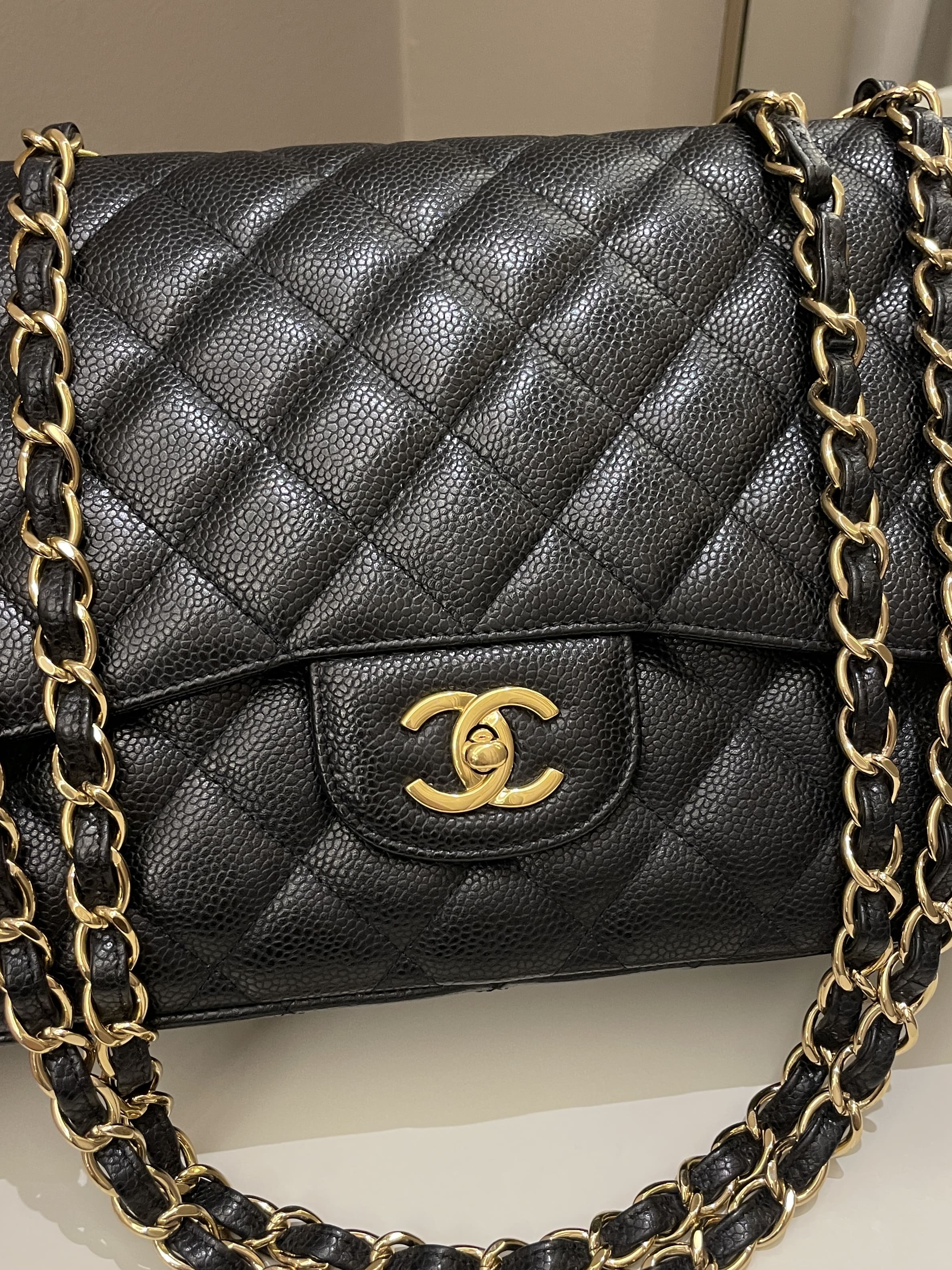 CHANEL Caviar Quilted Jumbo Double Flap Black w/Gold in 2023