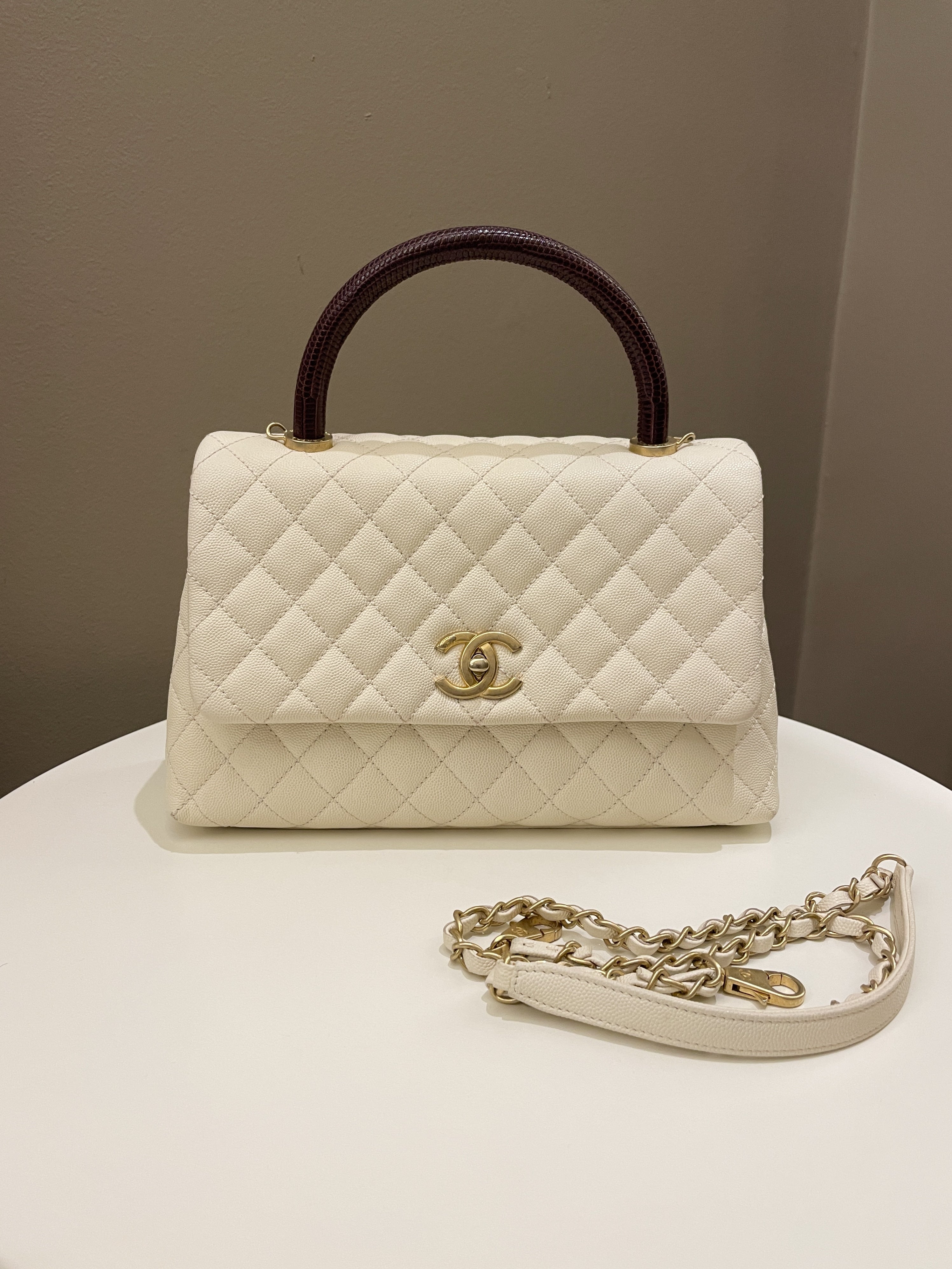 Chanel Quilted Coco Lizard Handle Ivory/ Burgundy Caviar