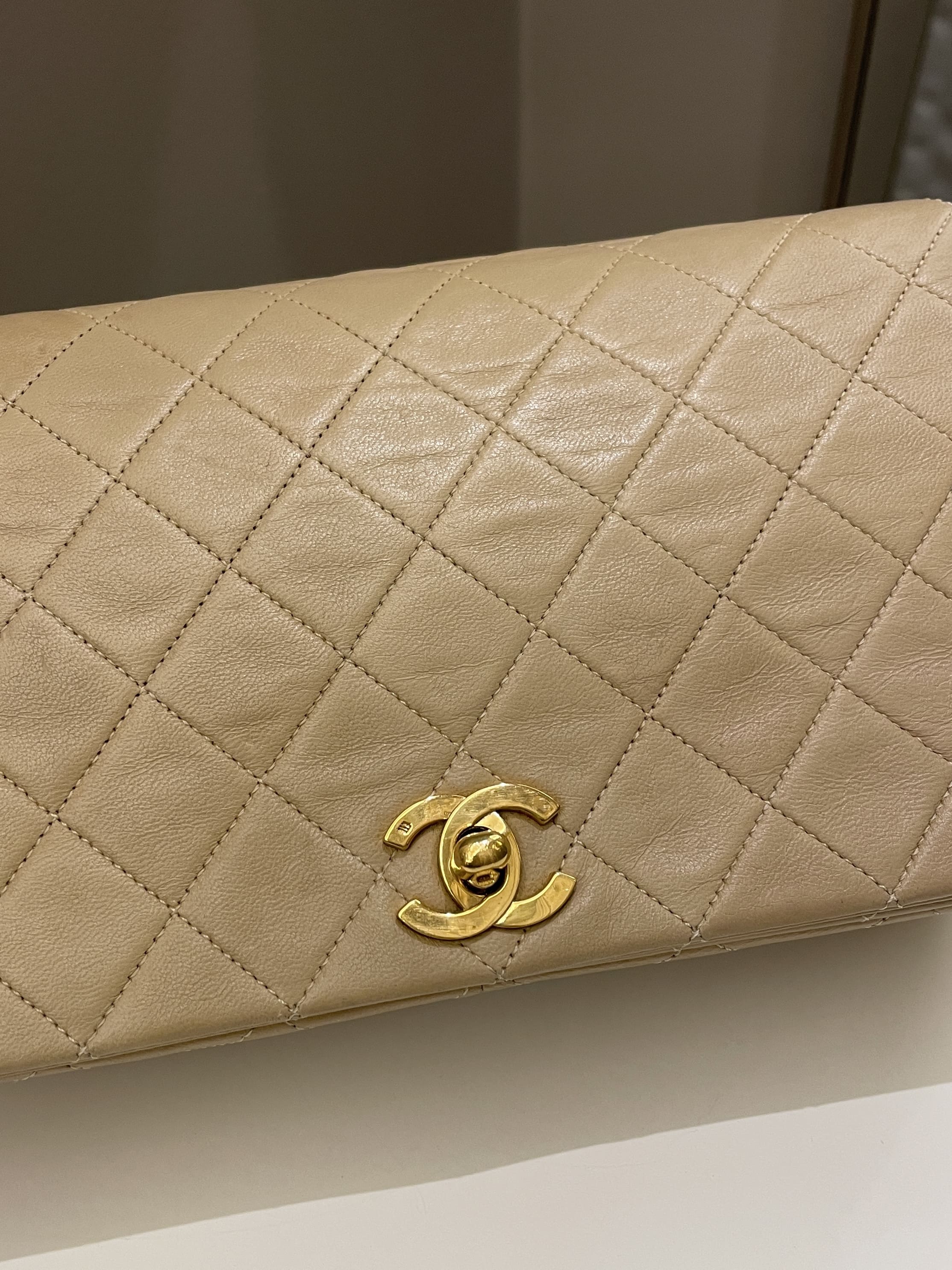 Chanel Vintage Quilted Full Flap Bag Beige Lambskin
