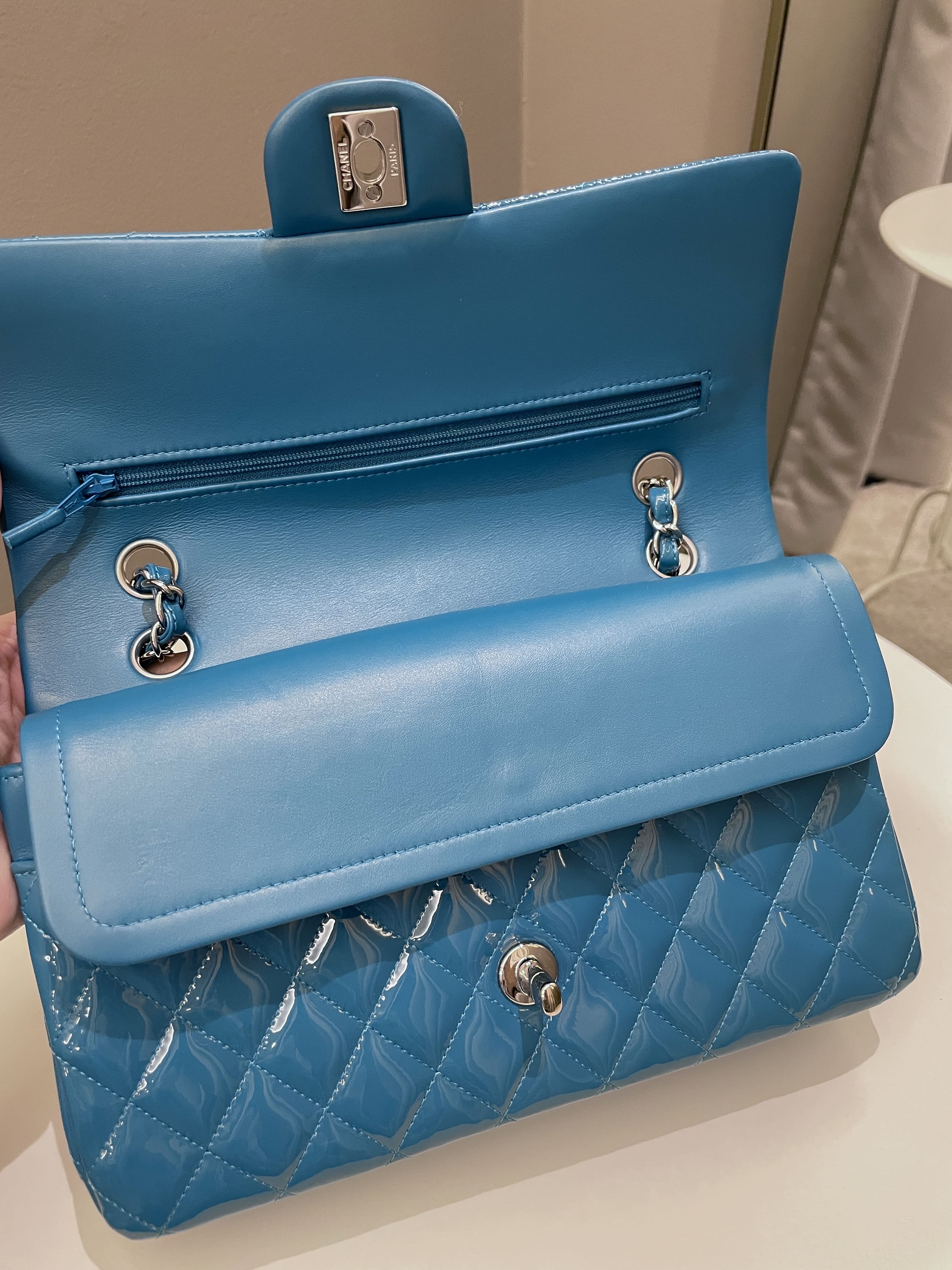 Chanel Classic Quilted Medium Double Flap Turquoise Patent 
