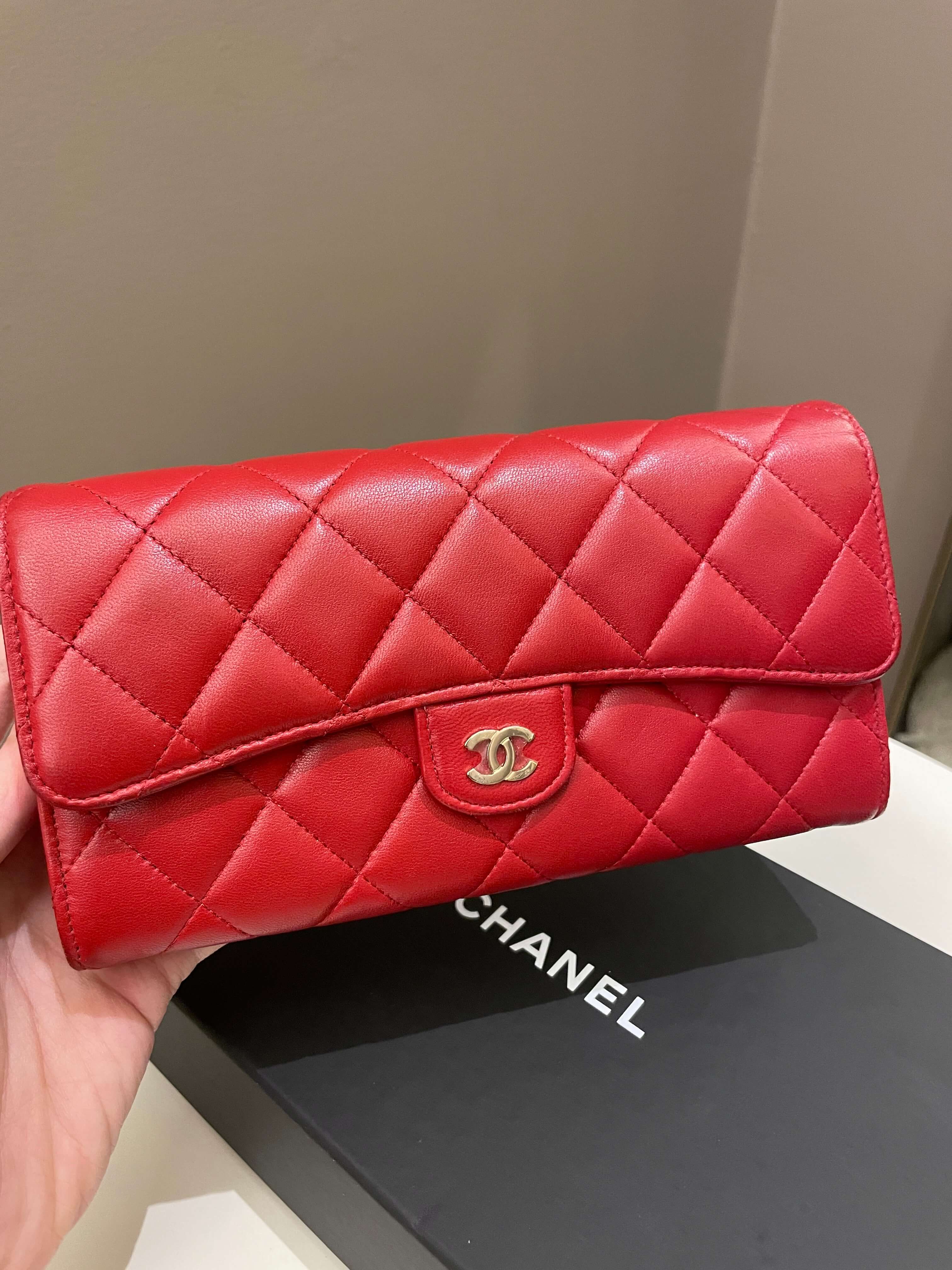 Chanel Classic Quilted Long Flap Wallet Red Lambskin