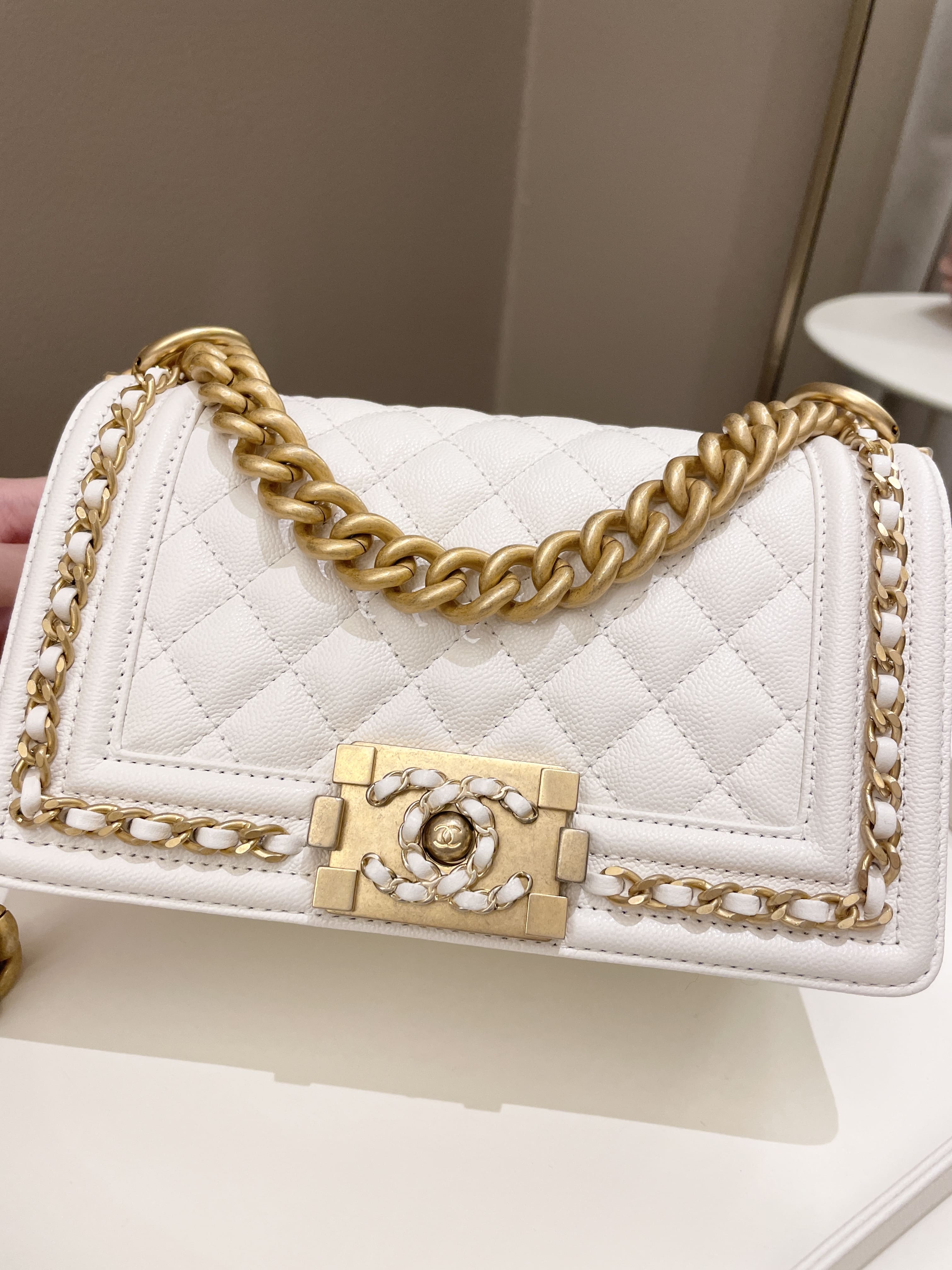 Chanel Quilted Chain Around Small Boy White Ivory Caviar