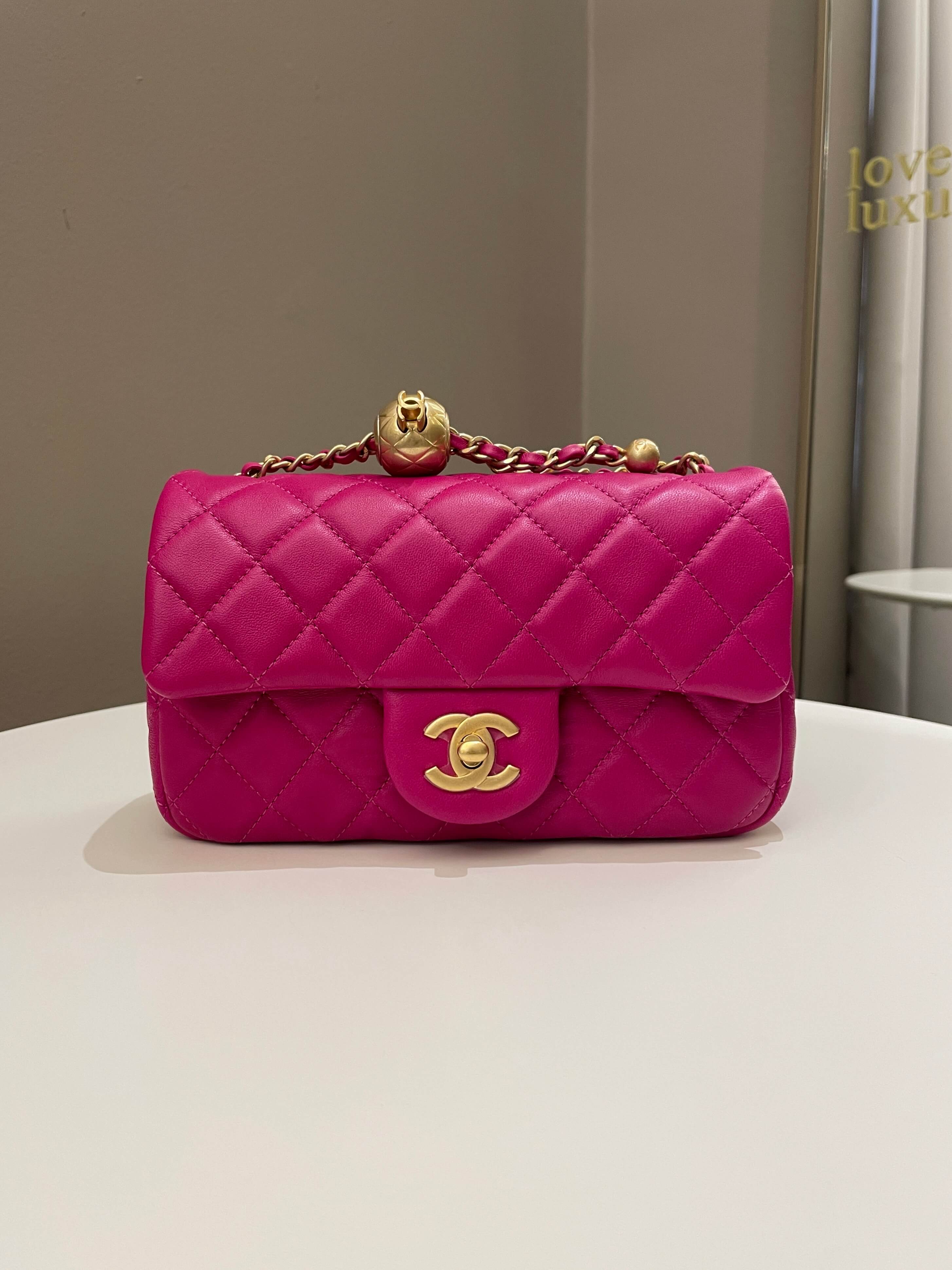 Chanel Light Pink Quilted Lambskin Mini Pearl Crush Classic Flap Brushed Gold Hardware, 2022 (Like New), Womens Handbag