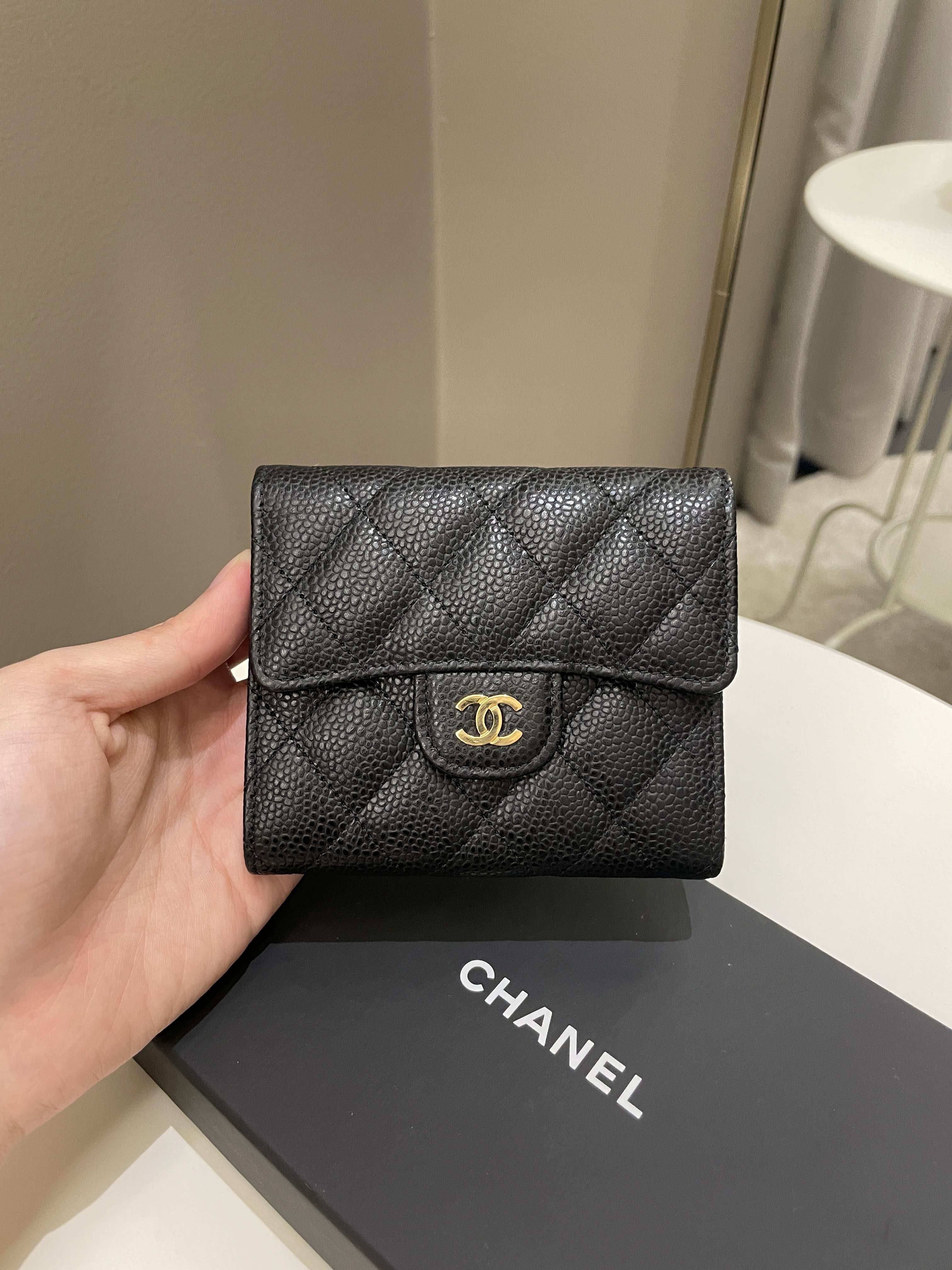 Chanel Classic Quilted Trifold Compact Wallet Black Caviar