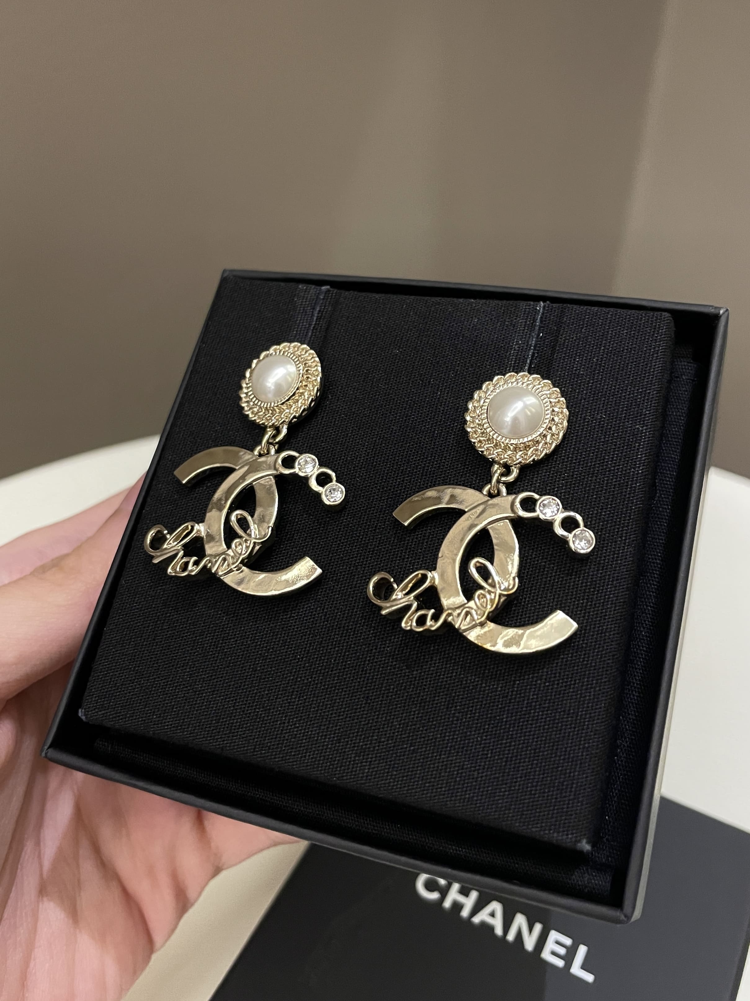 Chanel 22P Coco Cc Dangling Earrings Pearl Rhinestones