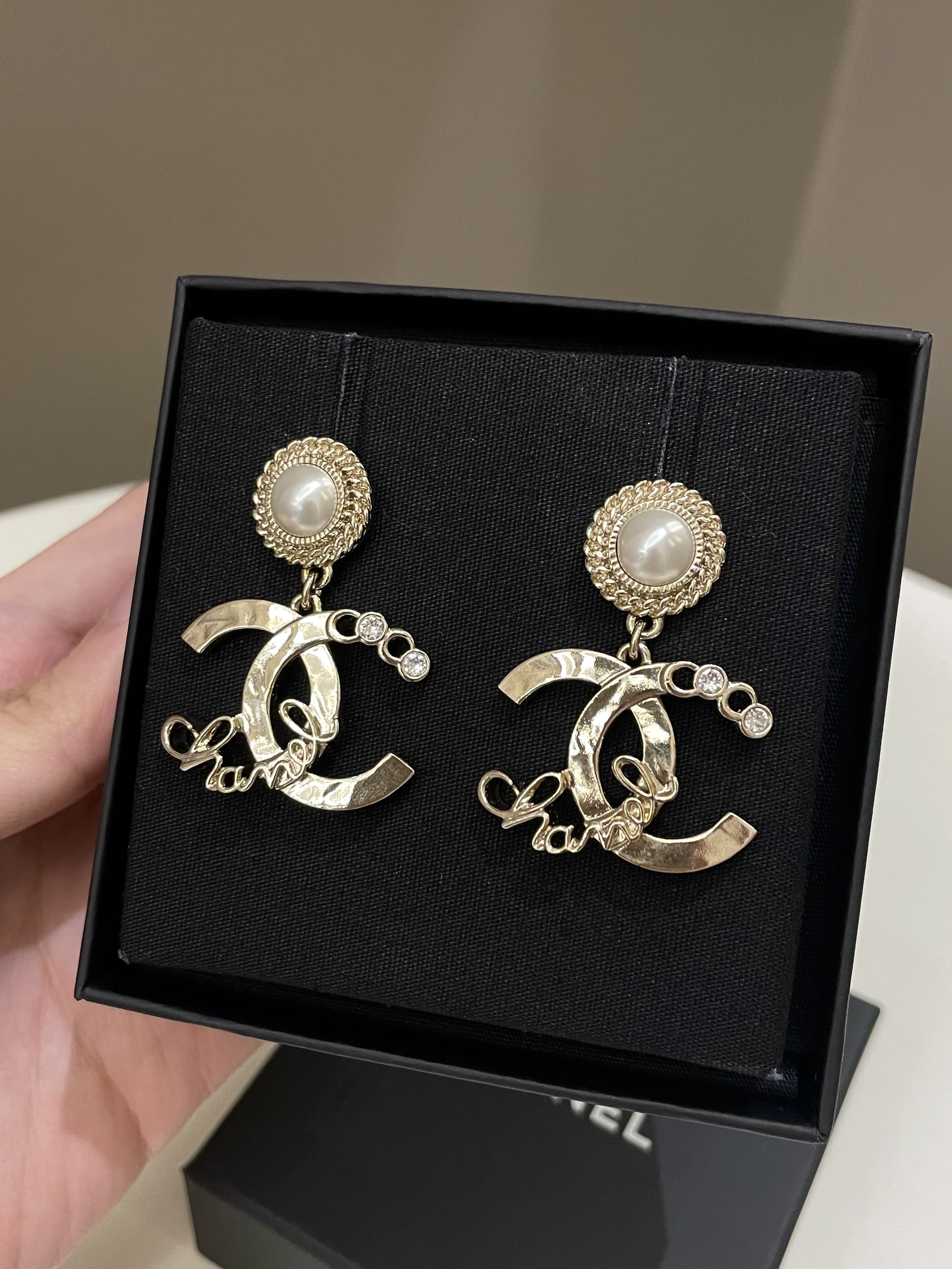 Chanel 22P Coco Cc Dangling Earrings Pearl Rhinestones