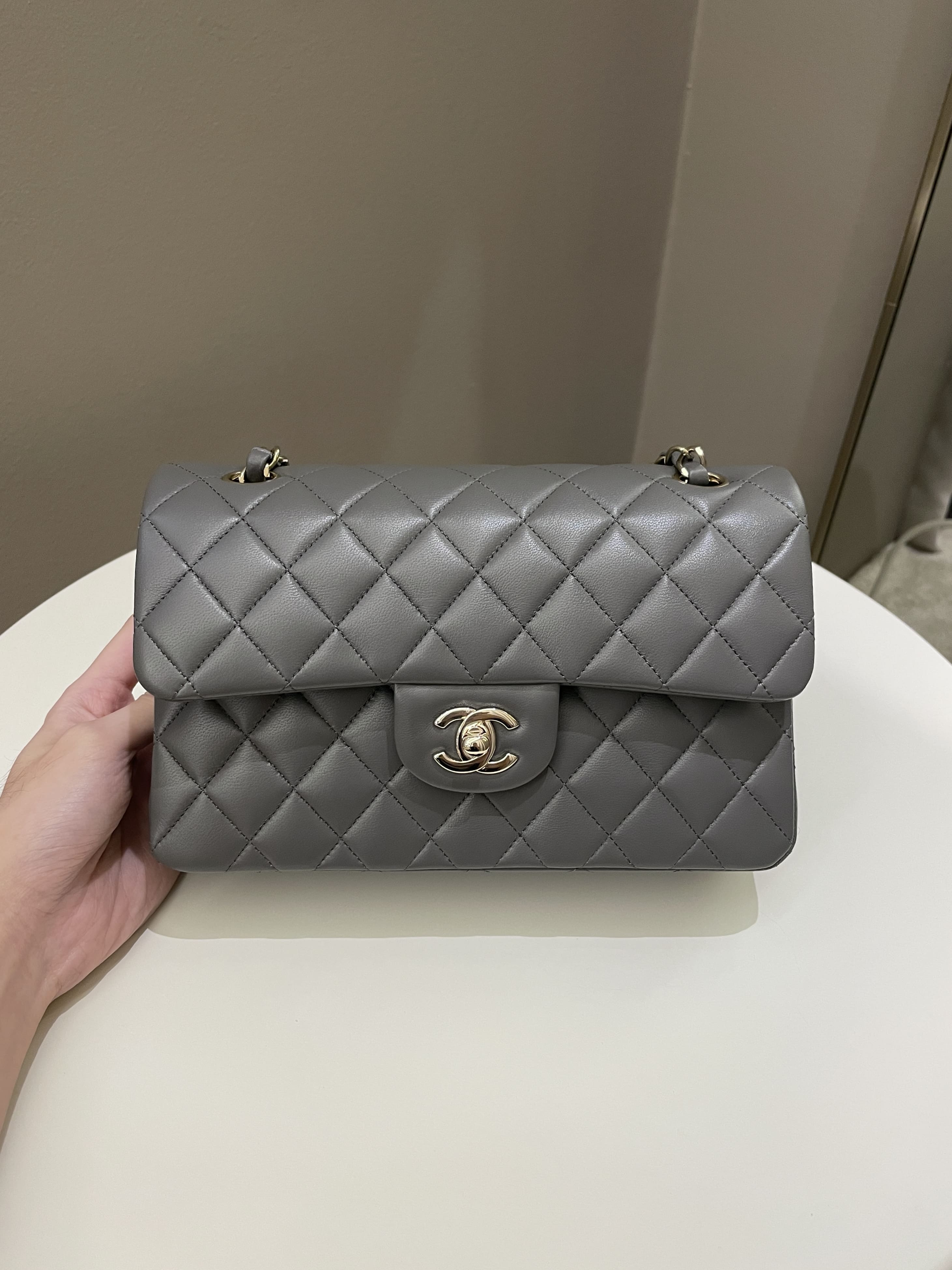 Chanel 22A Classic Quilted Small Double Flap Dark Grey Lambskin