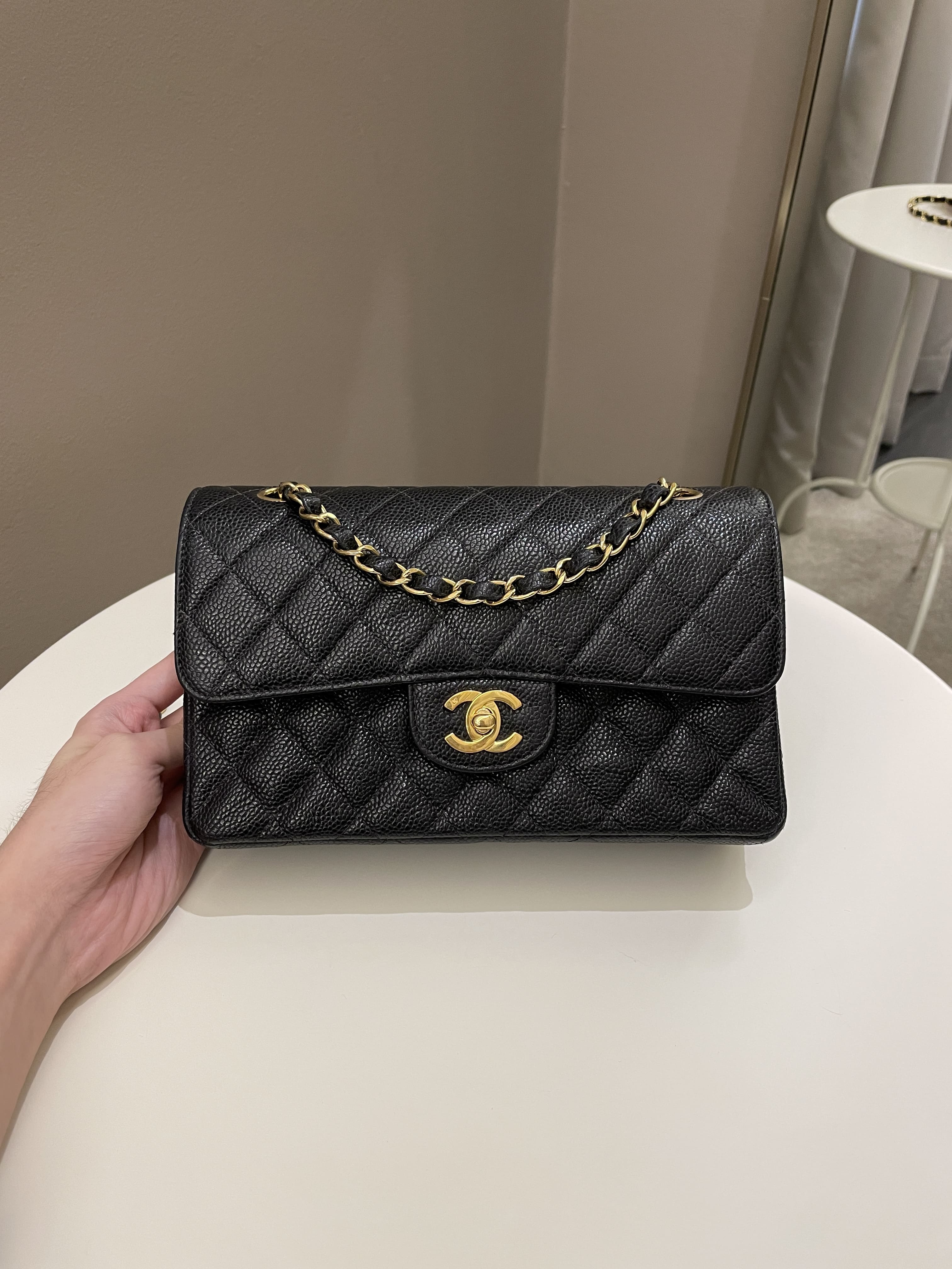 CHANEL T9TPAHEC Black Grained Shiny Calfskin A01113Y Small Classic Double  Flap Handbag Gold-tone Metal - The Attic Place