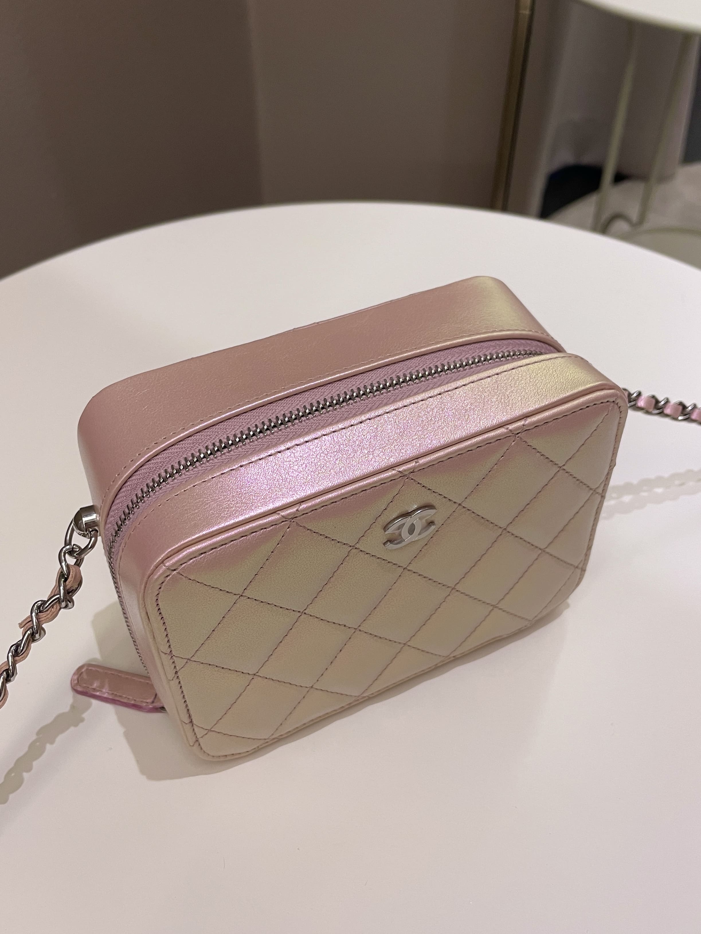 Chanel 21K Quilted Camera Sling Bag Iridescent Pink Calfskin