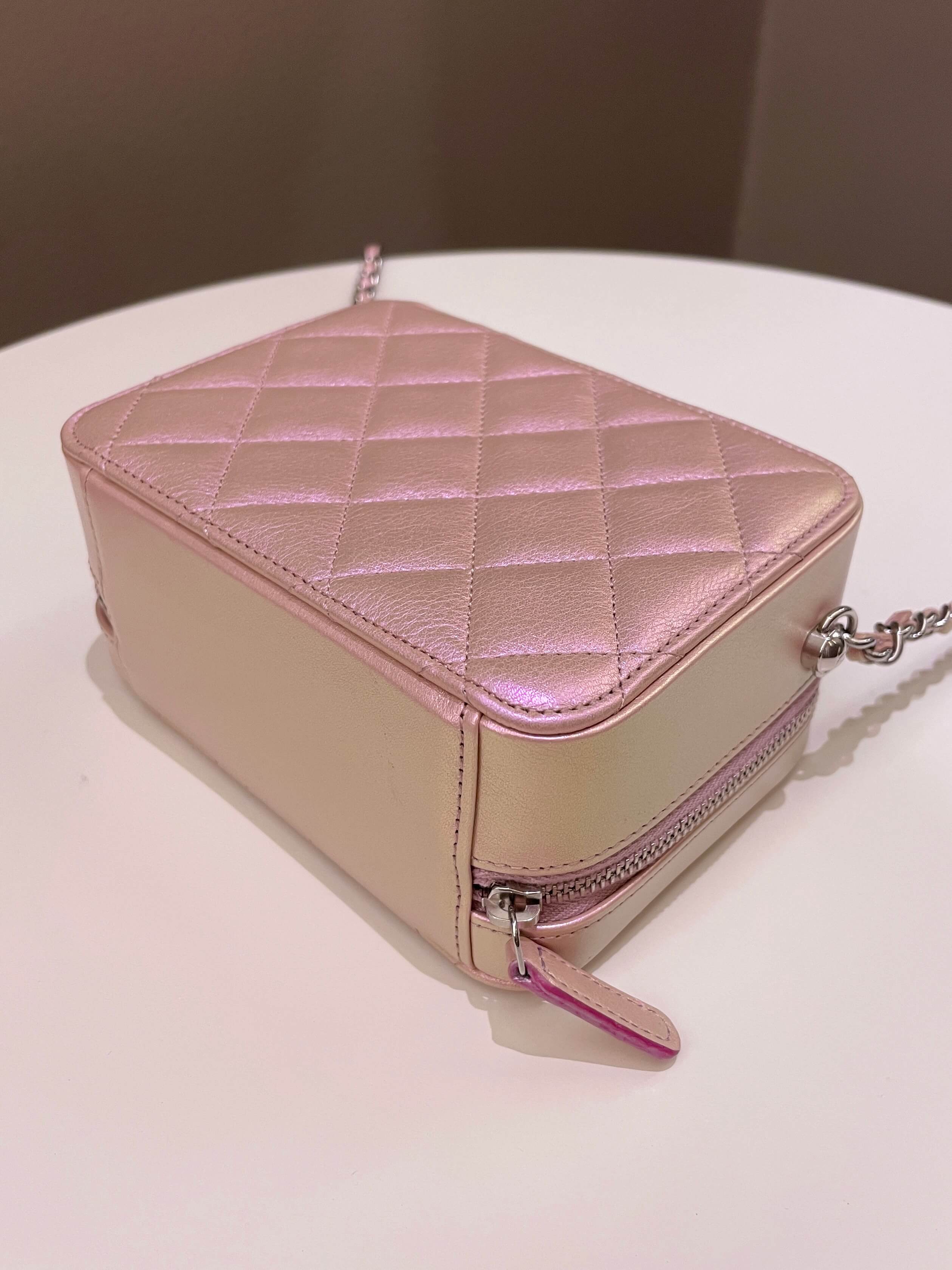 Chanel 21K Quilted Camera Sling Bag Iridescent Pink Calfskin