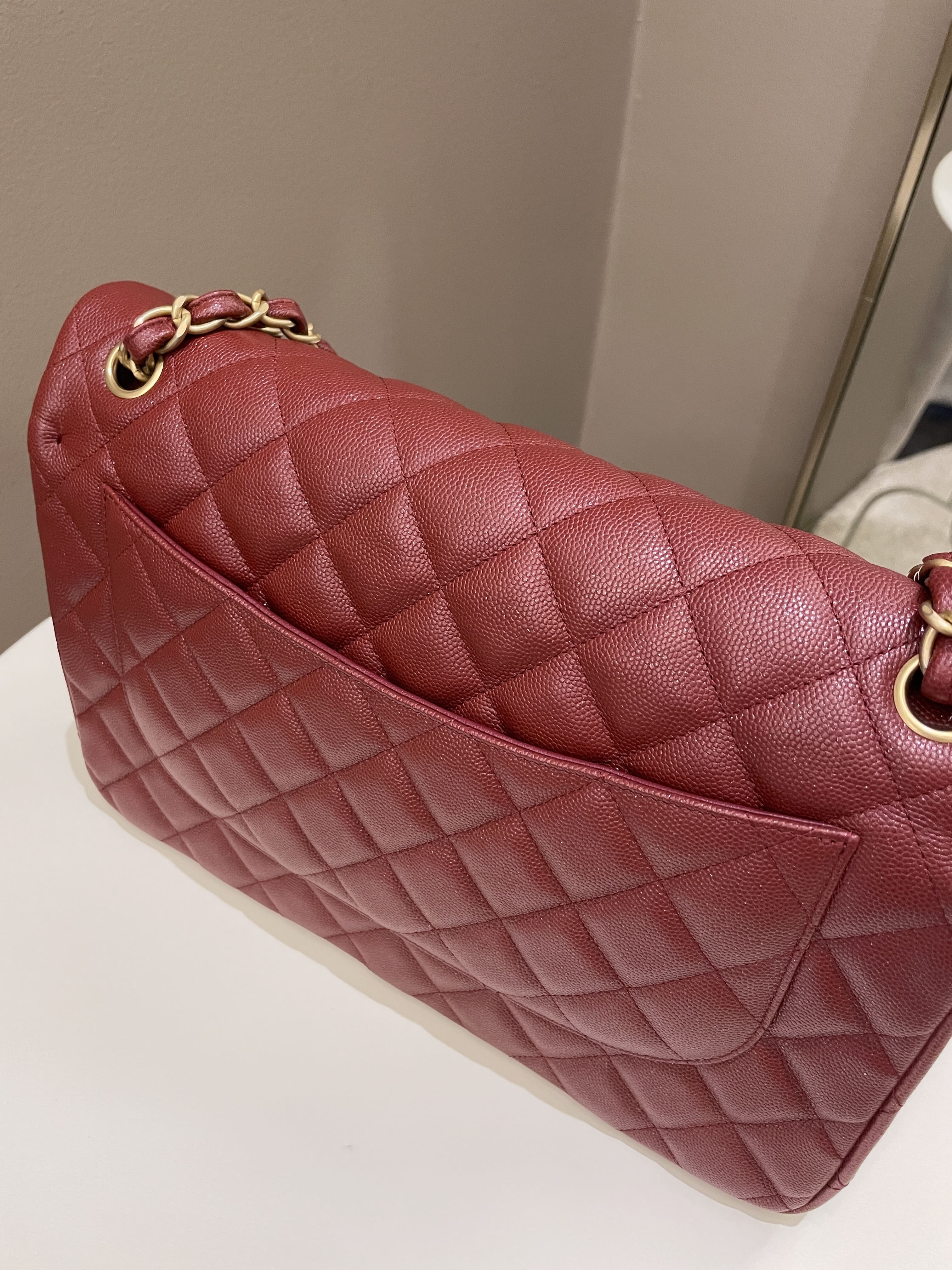 Chanel 18C Classic Quilted Jumbo Double Flap Iridescent Burgundy