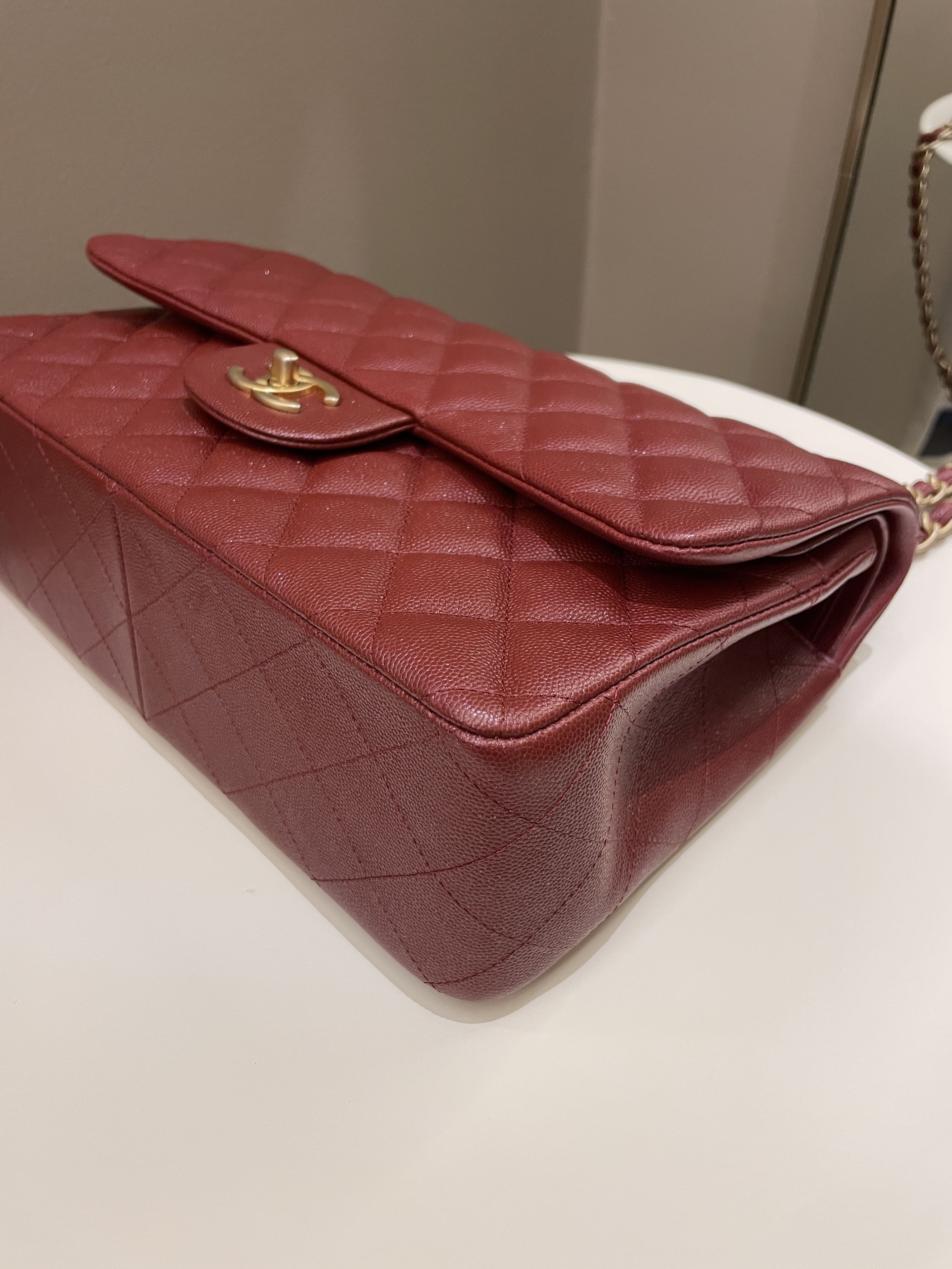 Chanel 18C Classic Quilted Jumbo Double Flap Iridescent Burgundy Caviar Leather