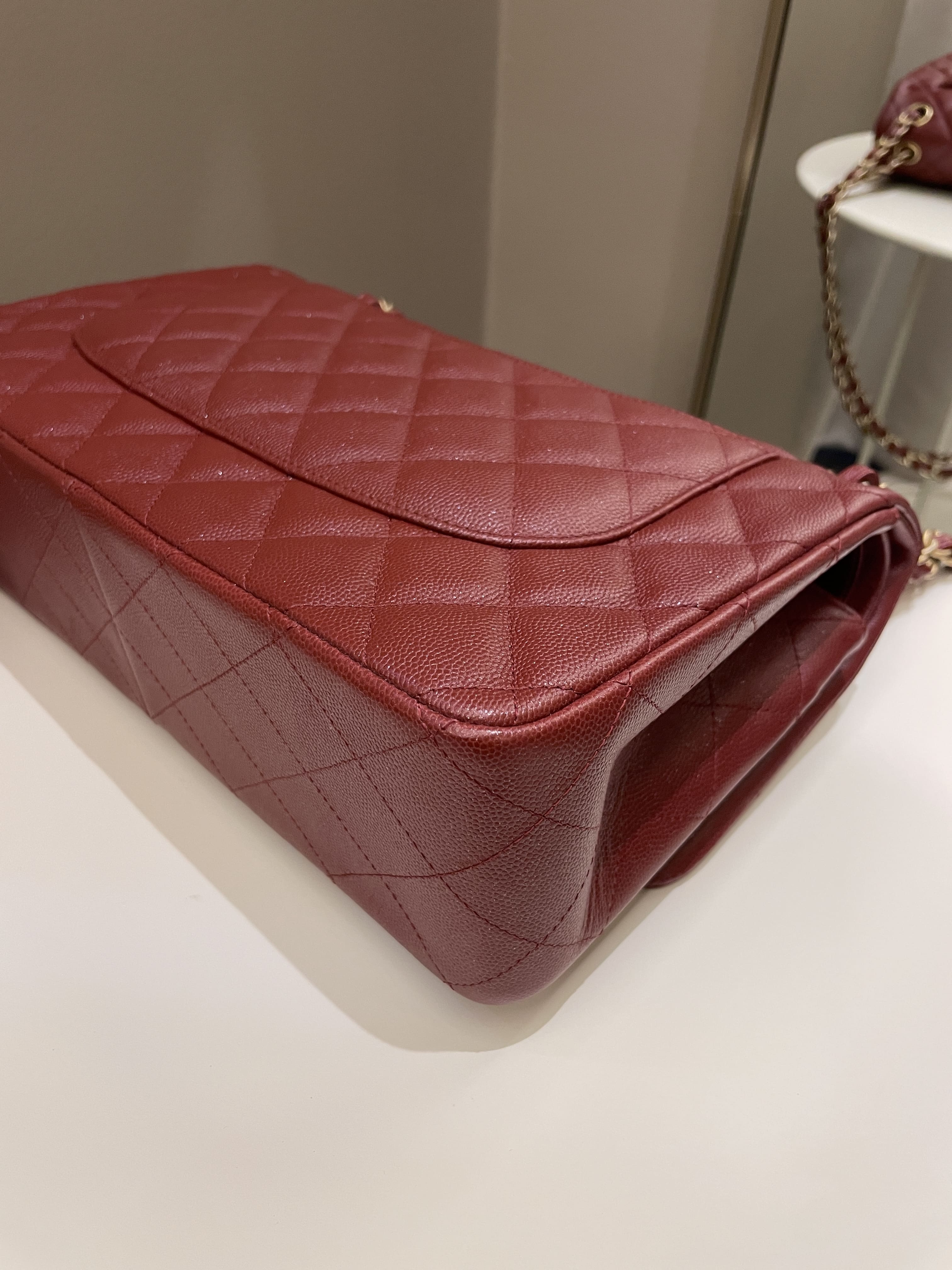 Chanel 18C Classic Quilted Jumbo Double Flap Iridescent Burgundy Caviar Leather