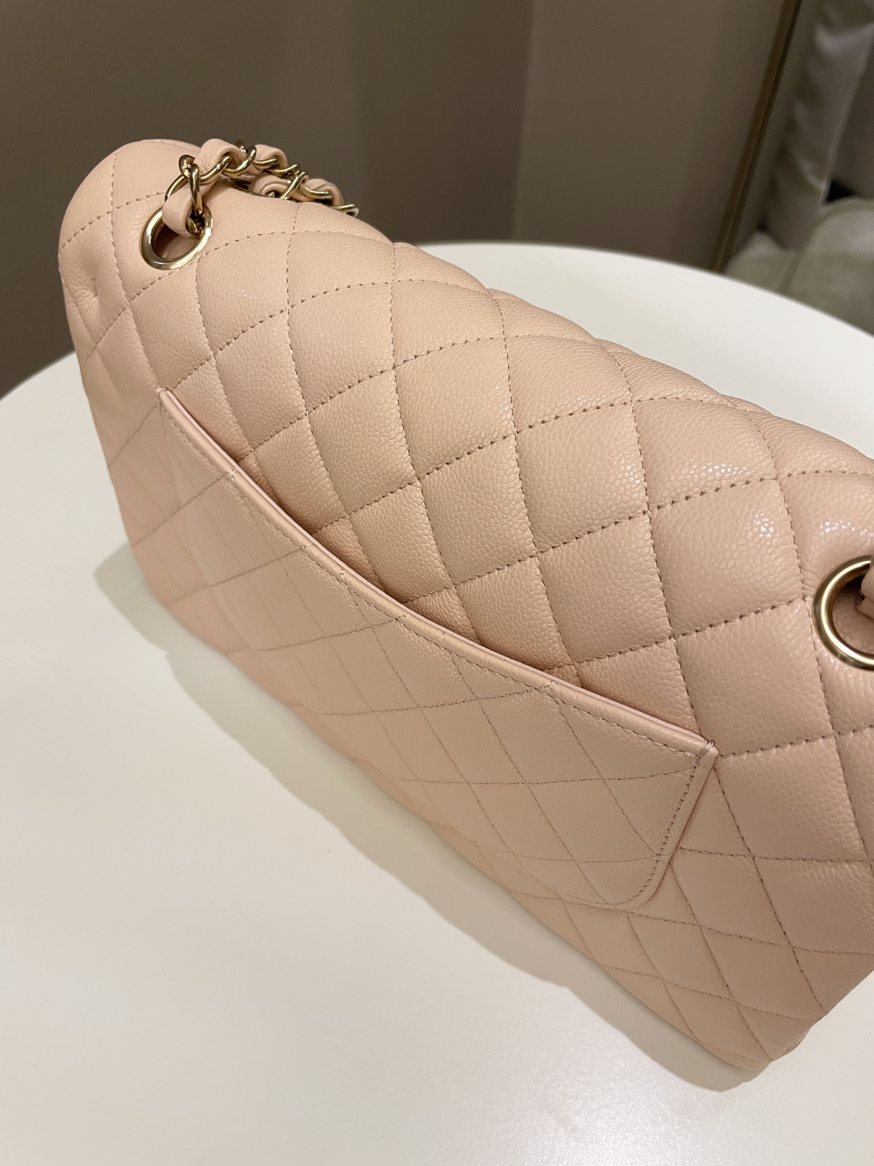 Chanel Classic Quilted Medium Double Flap Beige Peach Caviar