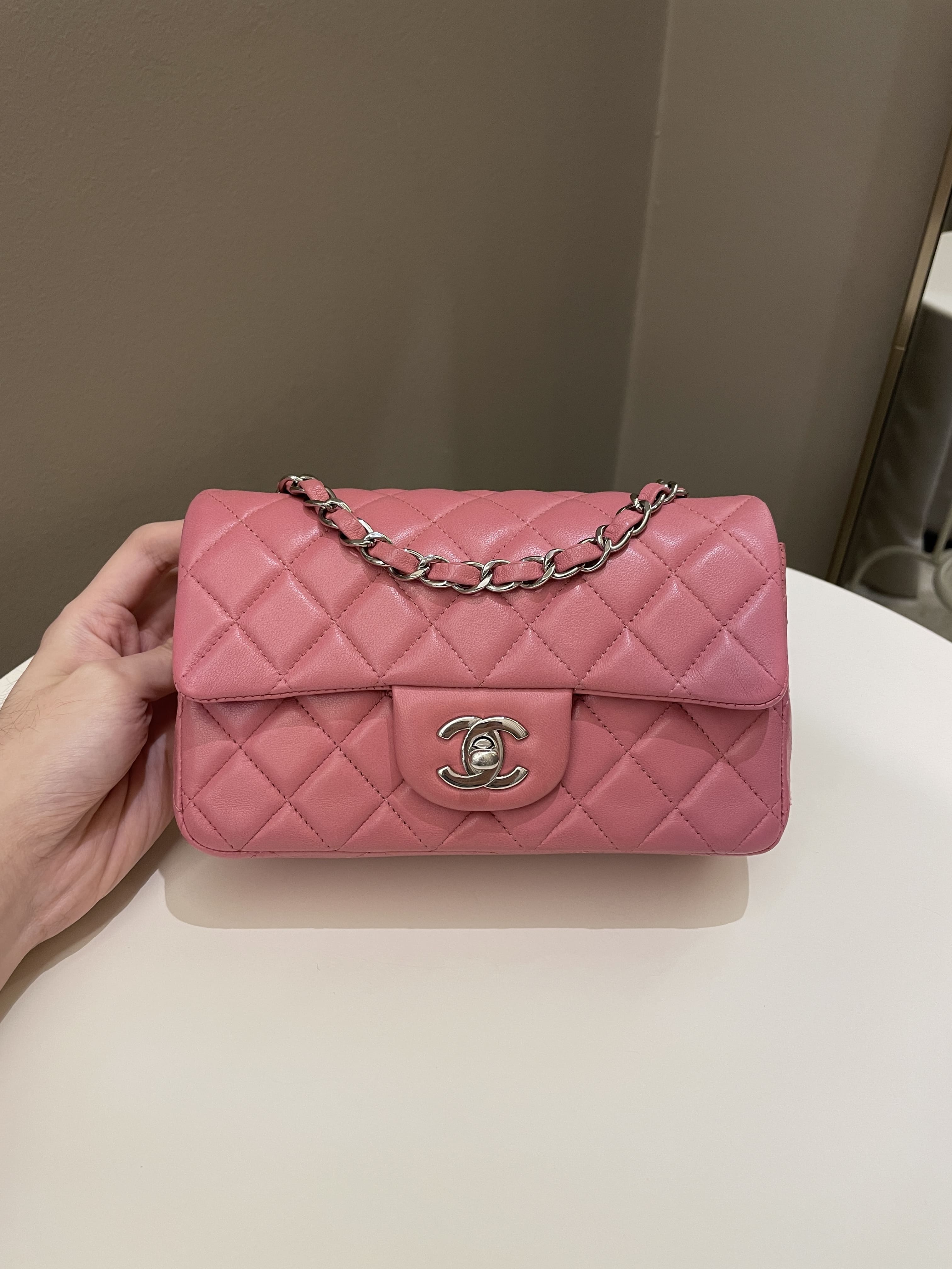 Chanel Lambskin Quilted Mini Rectangular Flap Pink