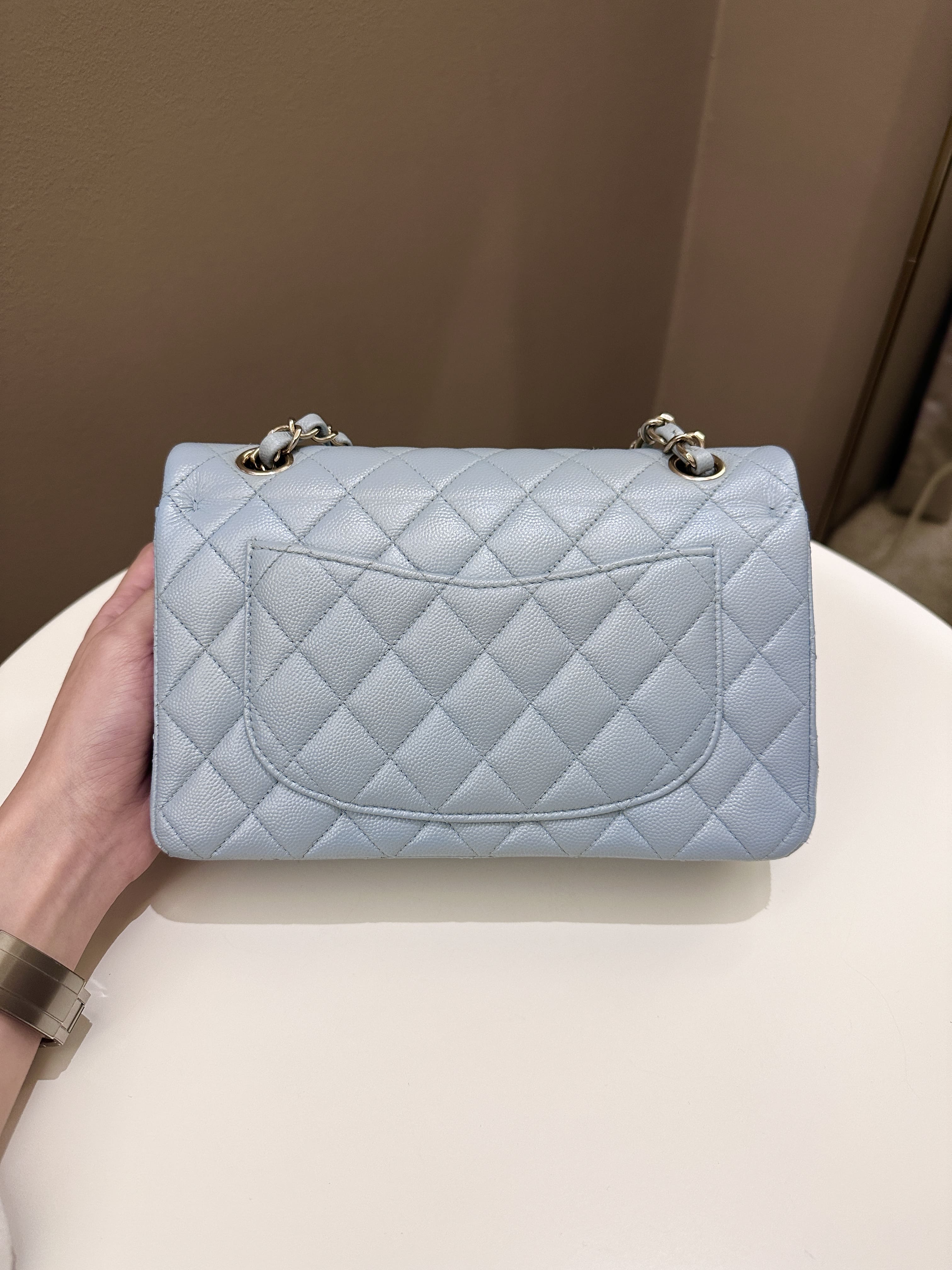 Chanel 22P Classic Quilted Small Double Flap Light Blue Caviar