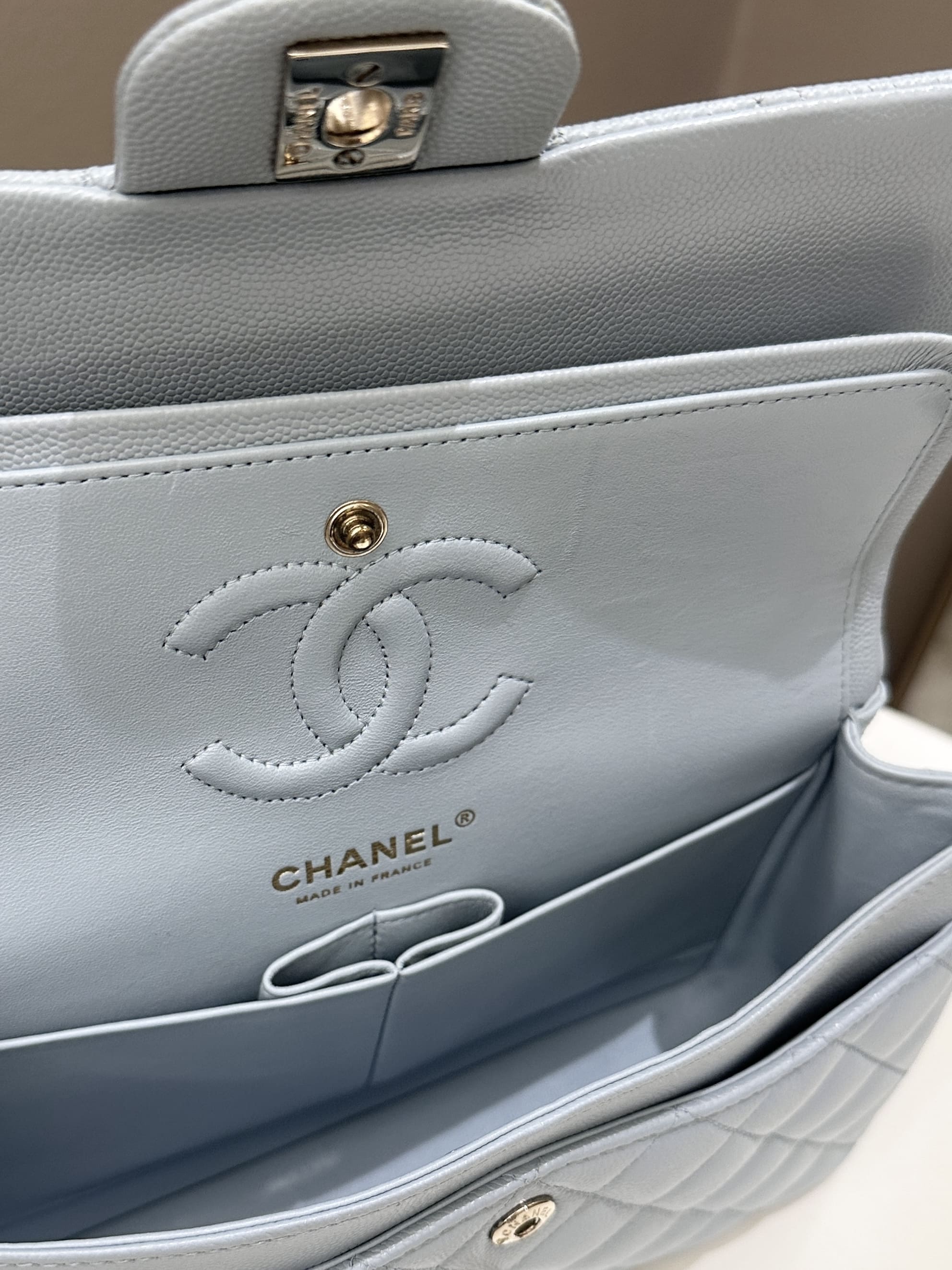 Chanel 22P Classic Quilted Small Double Flap Light Blue Caviar