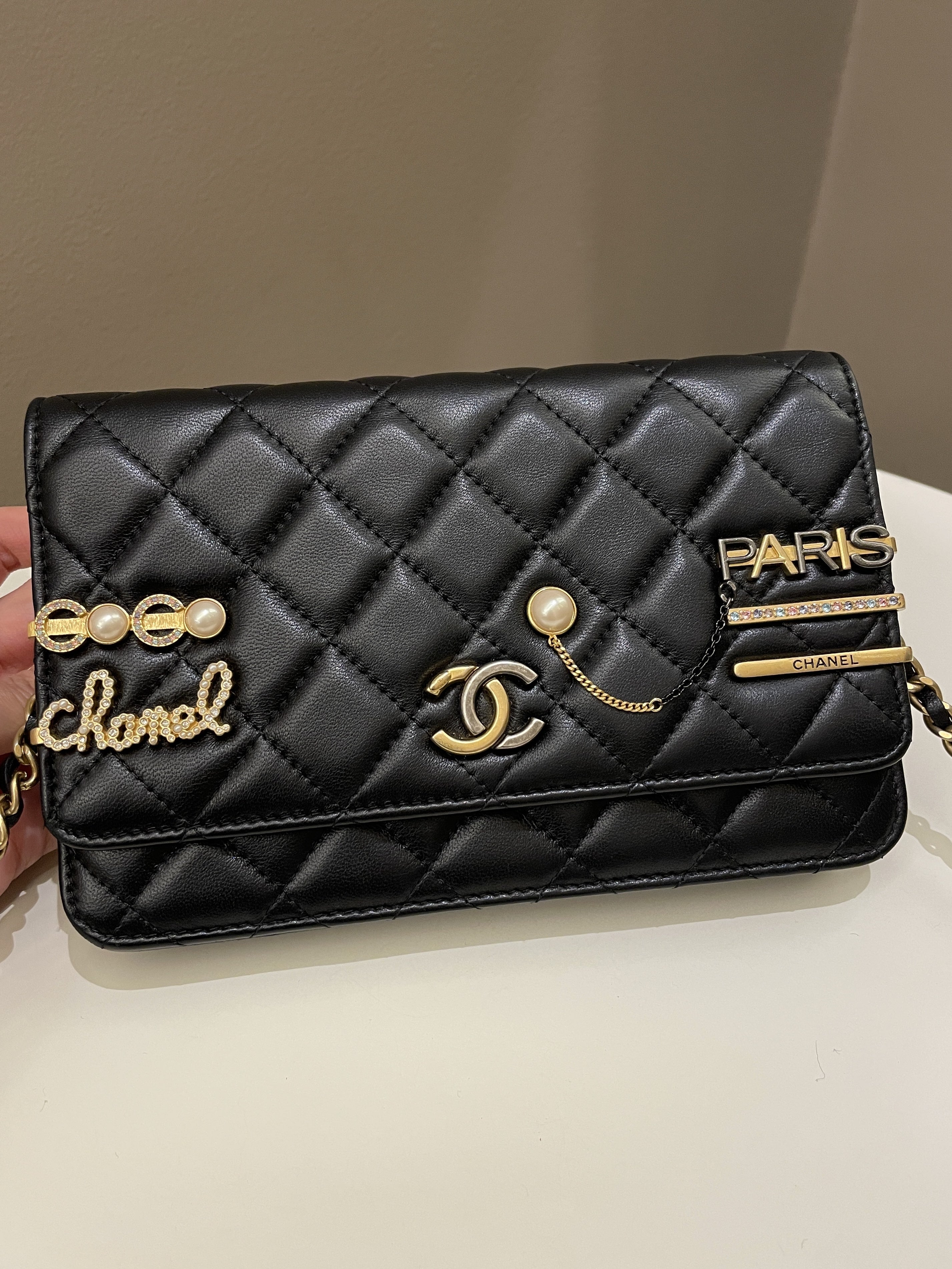 Chanel Coco Pearl Signature Wallet on Chain Black Lambskin