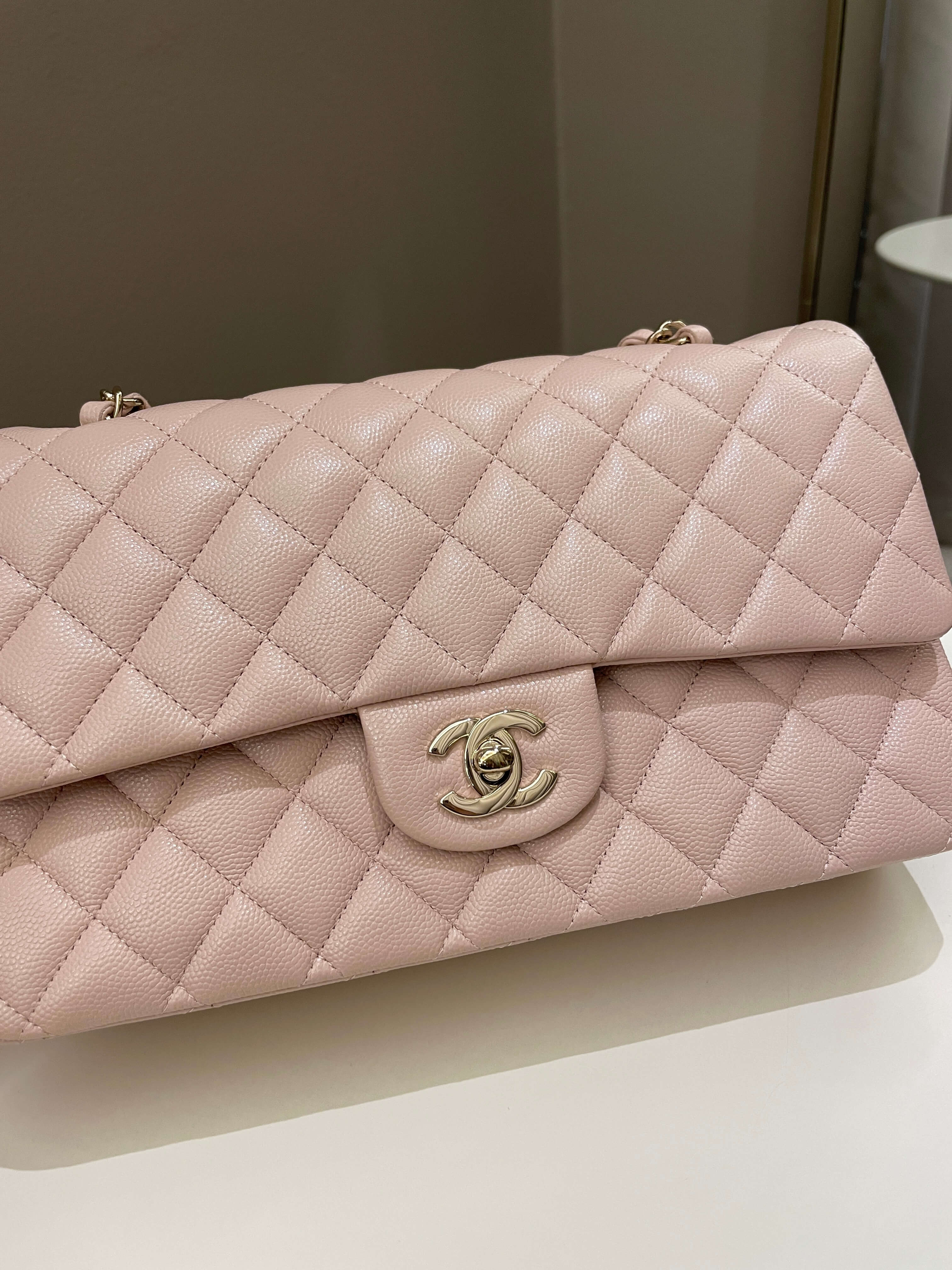 Chanel 21C Classic Quilted Medium Double Flap Rose Claire Beige Caviar