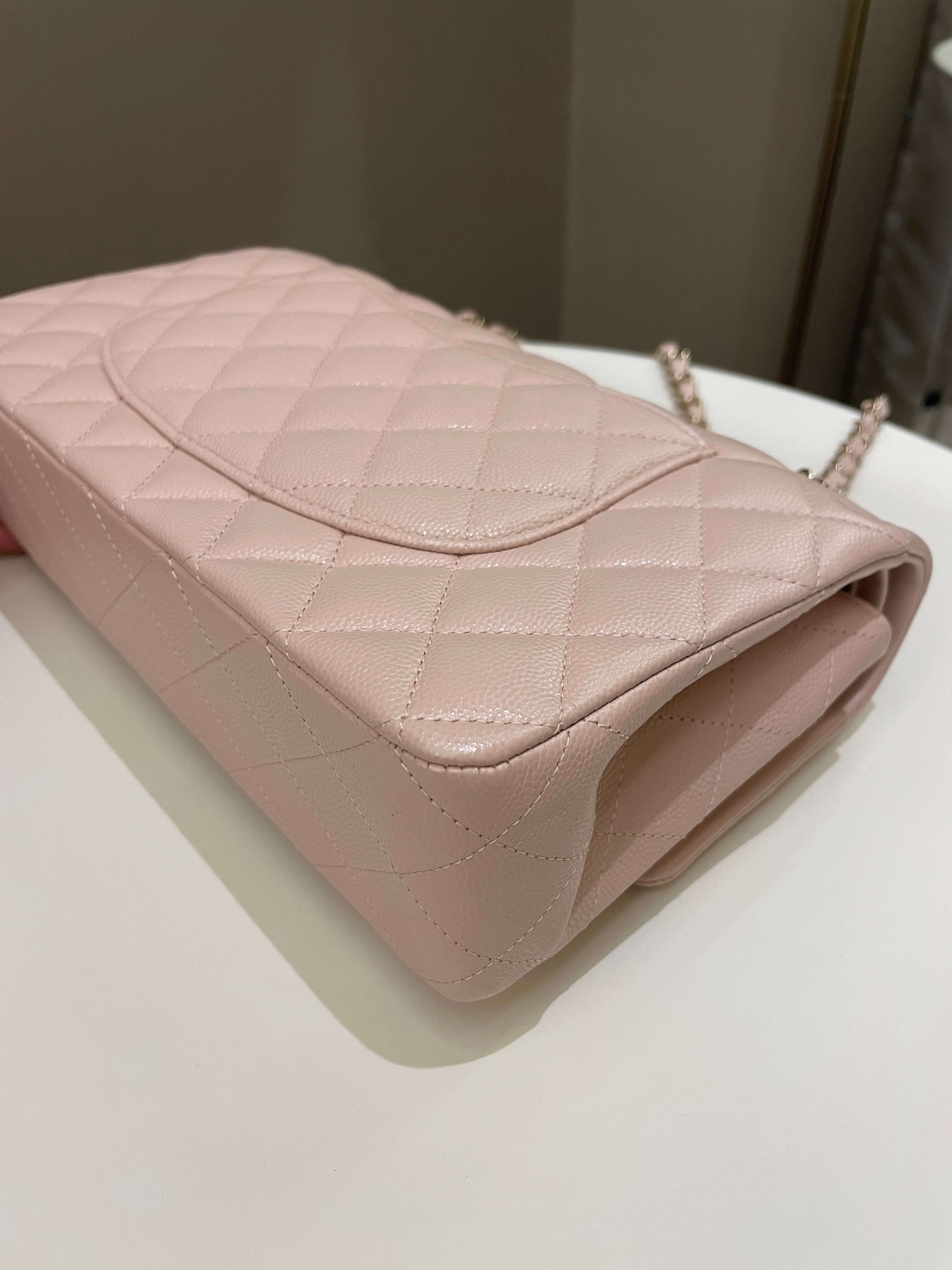 Chanel 21C Classic Quilted Medium Double Flap Rose Claire Beige Caviar