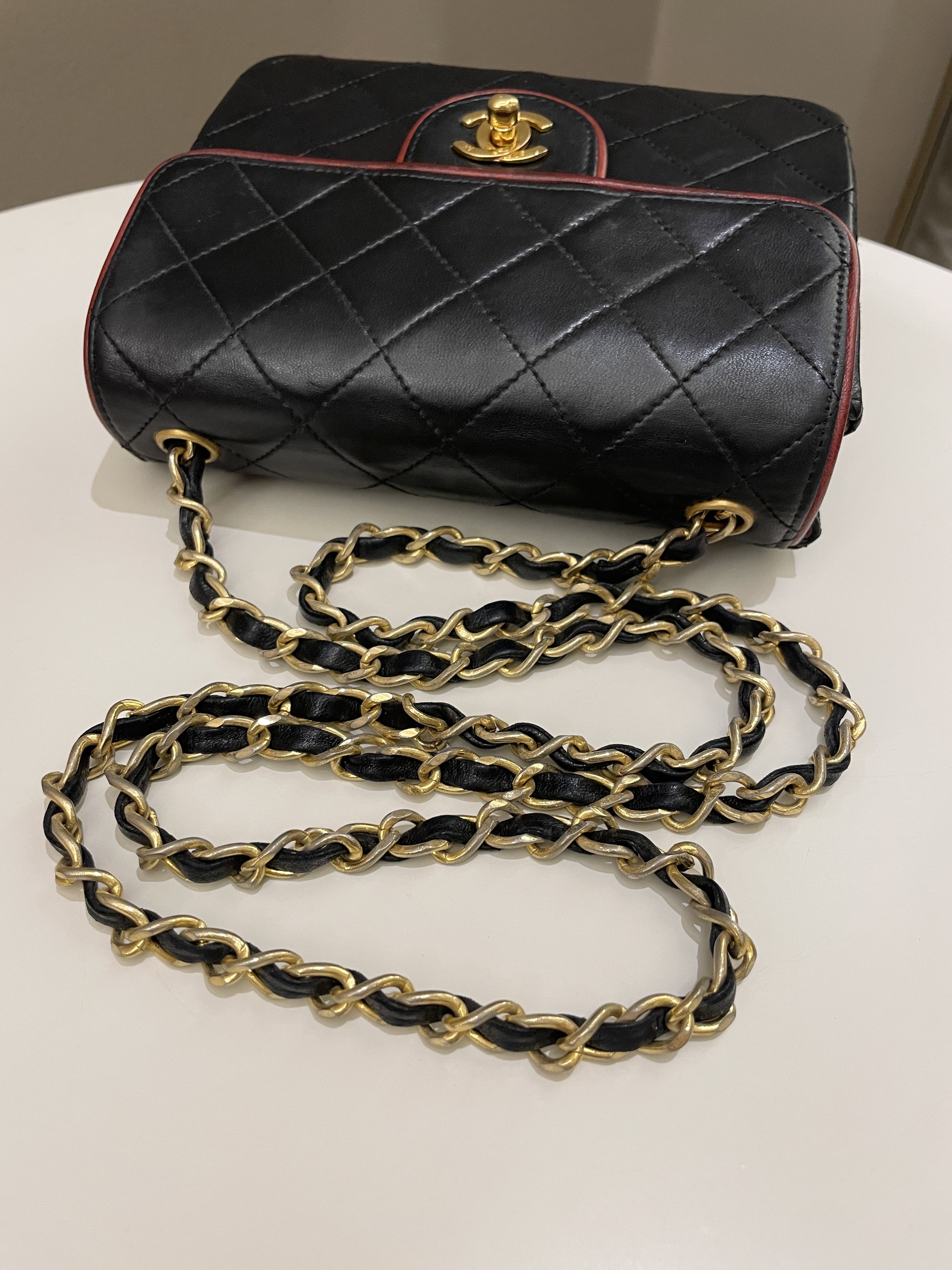 Chanel Vintage Classic Bi Tone Quilted Mini Square Black/ Red Lambskin