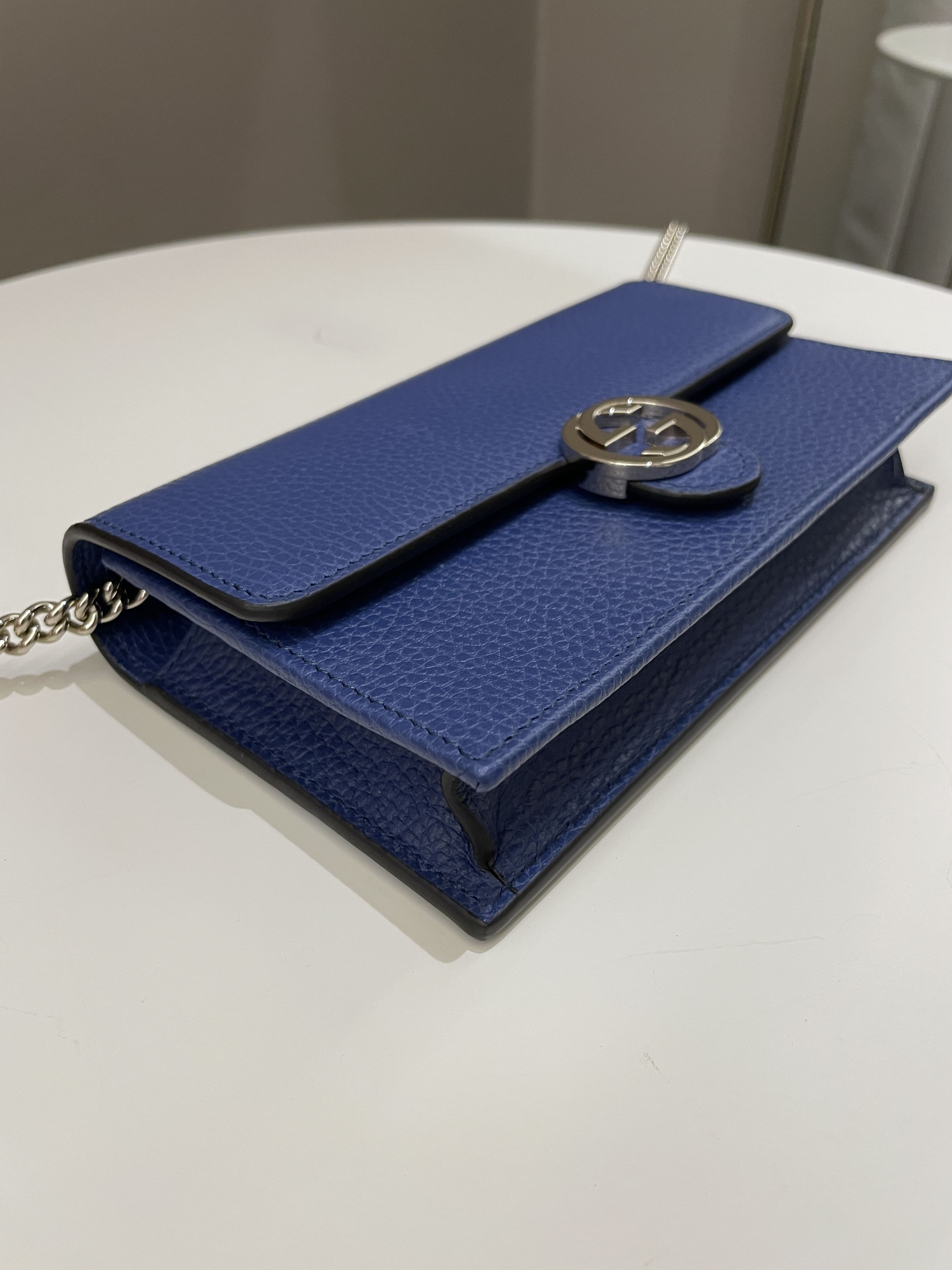Gucci GG Crossbody Clutch on Chain Blue Grained Leather