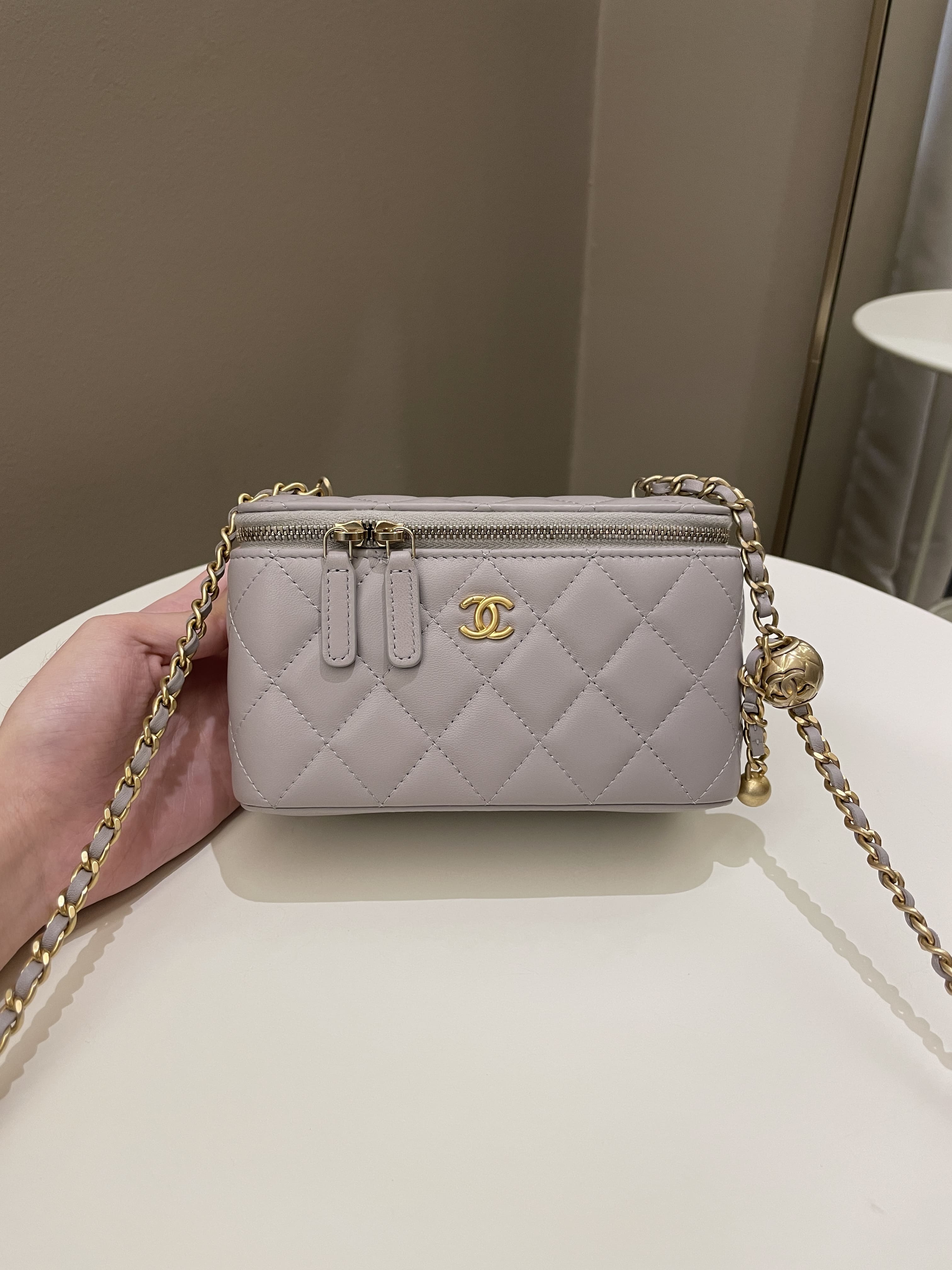 CHANEL Lambskin Quilted Small Pearl Crush Vanity Case With Chain Grey  1311434