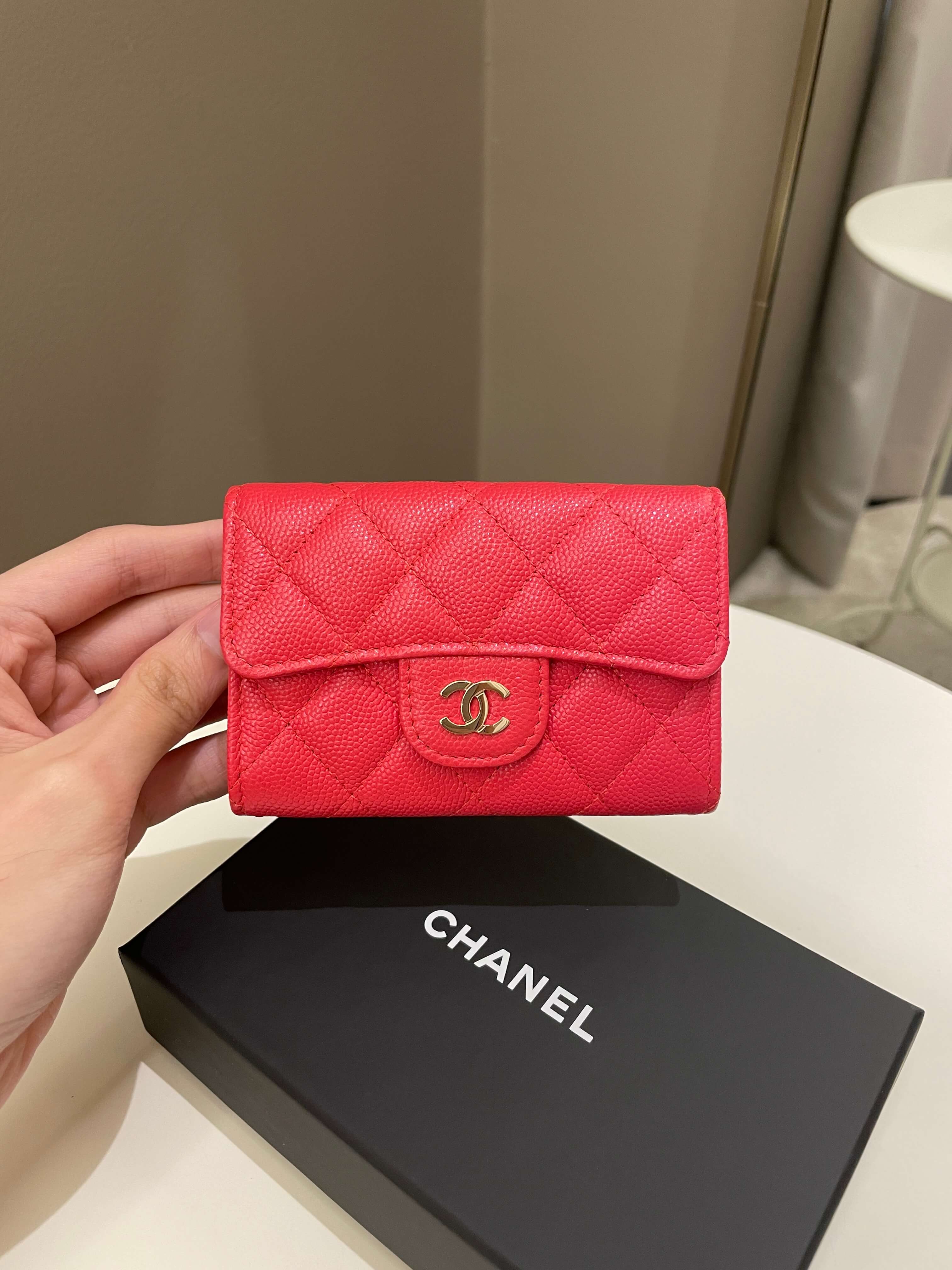 Chanel Classic Quilted Snap Card Holder Red Coral Caviar