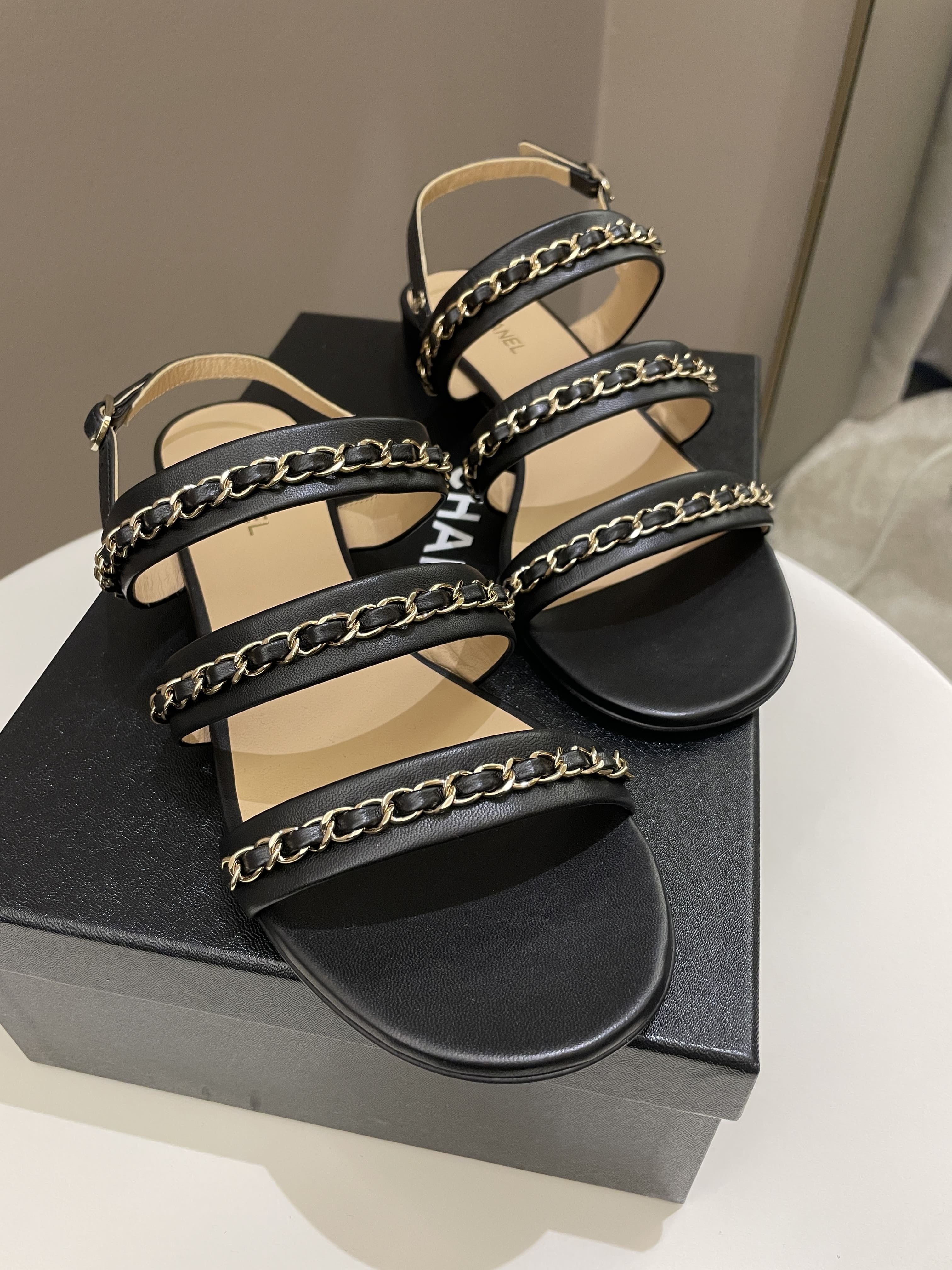 Chanel 22K Chain Sandal Black LGHW Size 39
